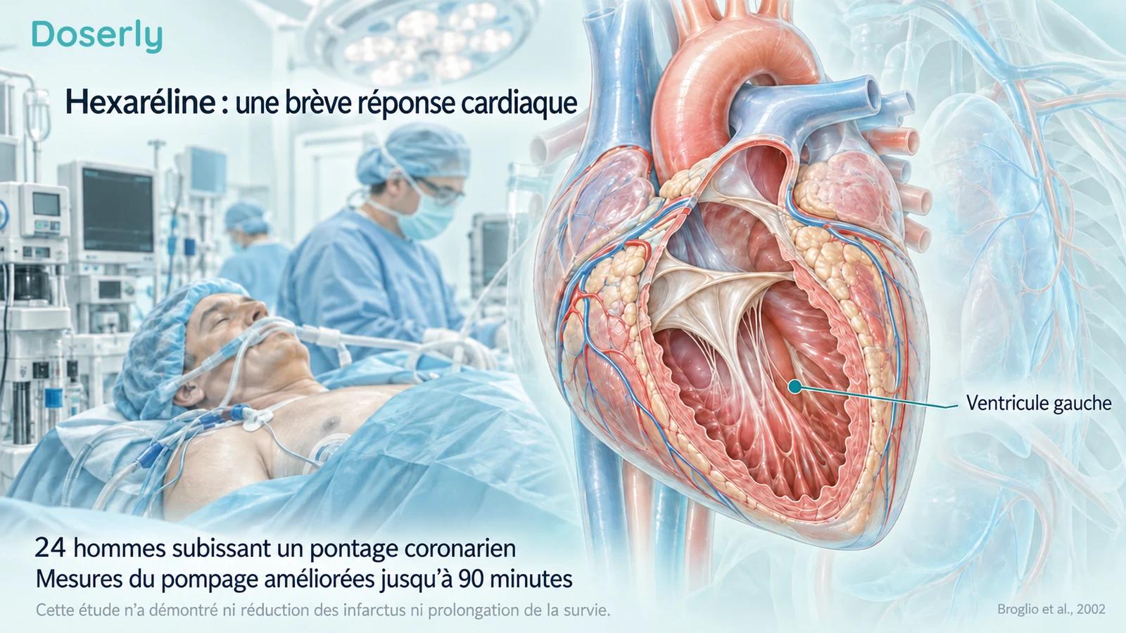 Anatomie détaillée du cœur à côté d’une scène chirurgicale clinique résumant de brefs changements de pompage dans une étude de pontage menée auprès de 24 participants.