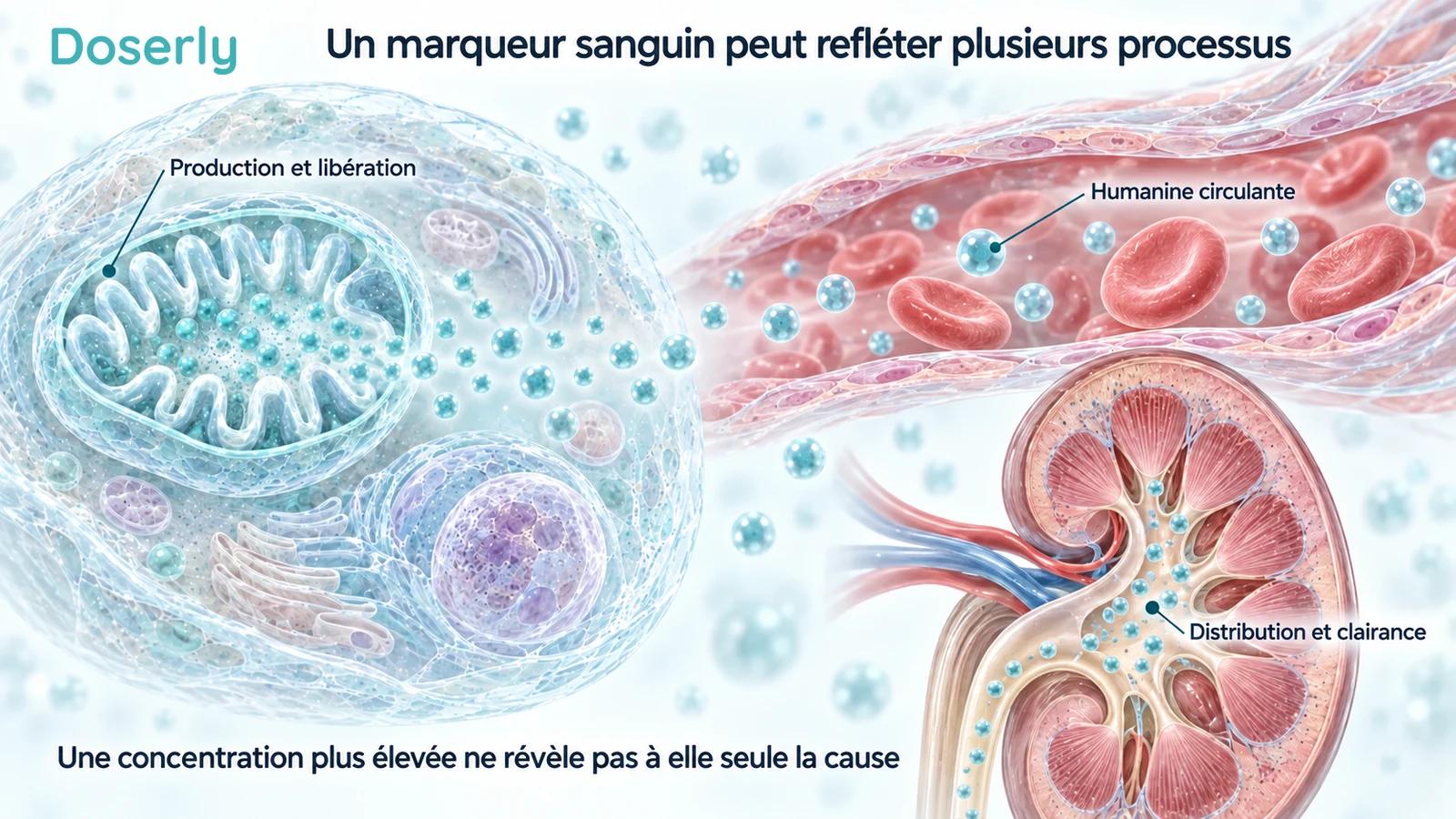 Une cellule et une mitochondrie détaillées, du sang en circulation et un rein illustrent la production, la circulation et la clairance comme facteurs influençant un marqueur sanguin.