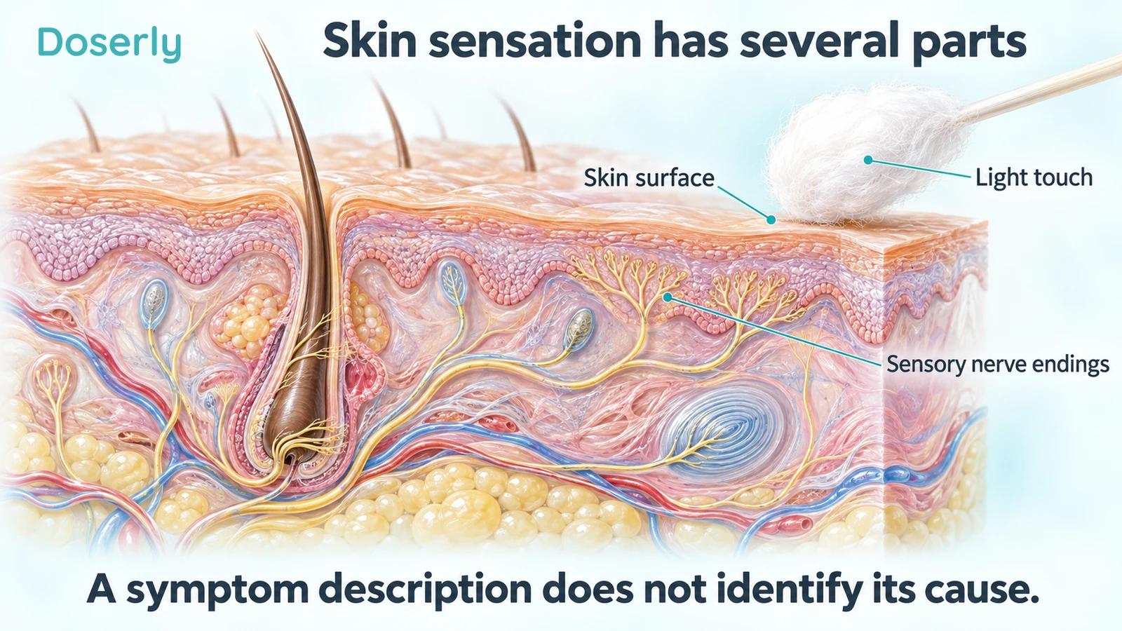 Detailed skin cutaway showing intact sensory nerve endings and a light cotton touch