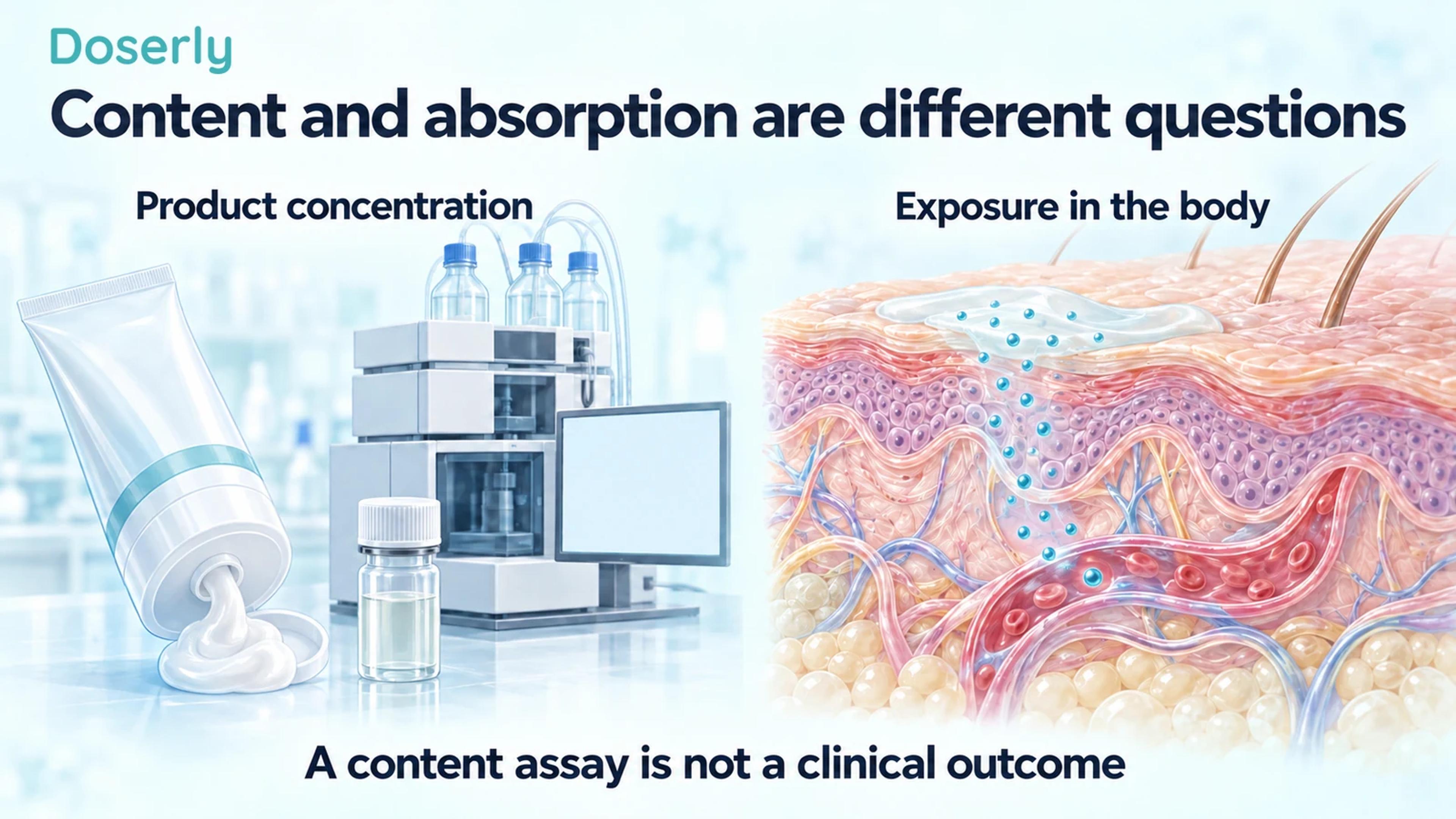 An illustrated cream dispenser and laboratory assay sit beside a detailed skin and capillary section, separating product concentration from exposure in the body.