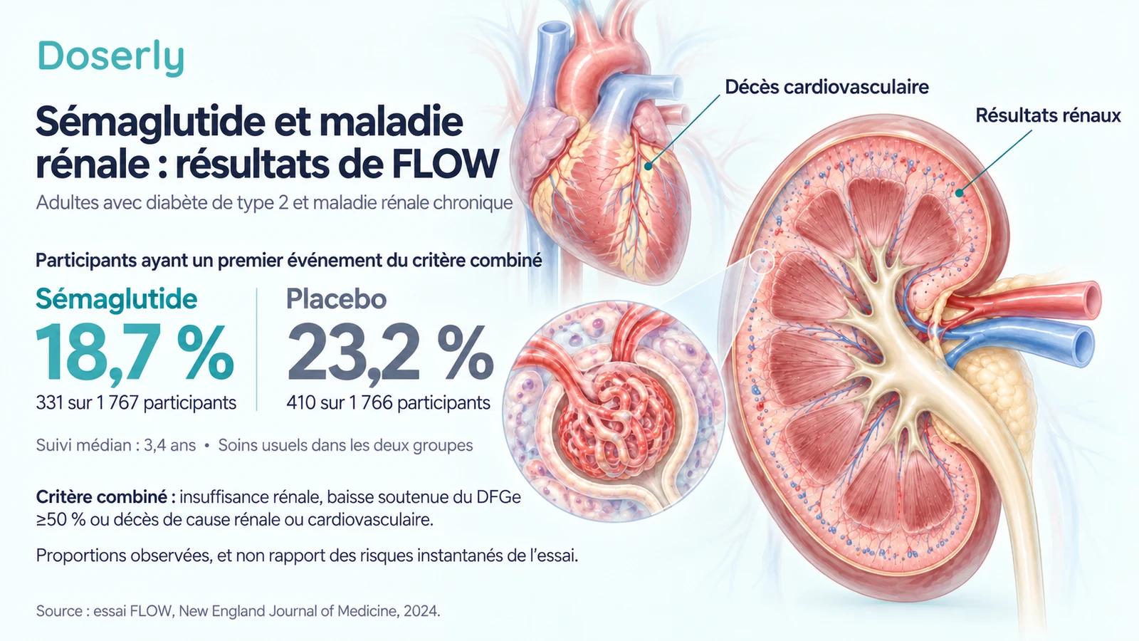 Résultats illustrés de FLOW : 331 des 1 767 participants sous sémaglutide, soit 18,7 %, et 410 des 1 766 participants sous placebo, soit 23,2 %, ont vécu un premier événement du critère combiné.