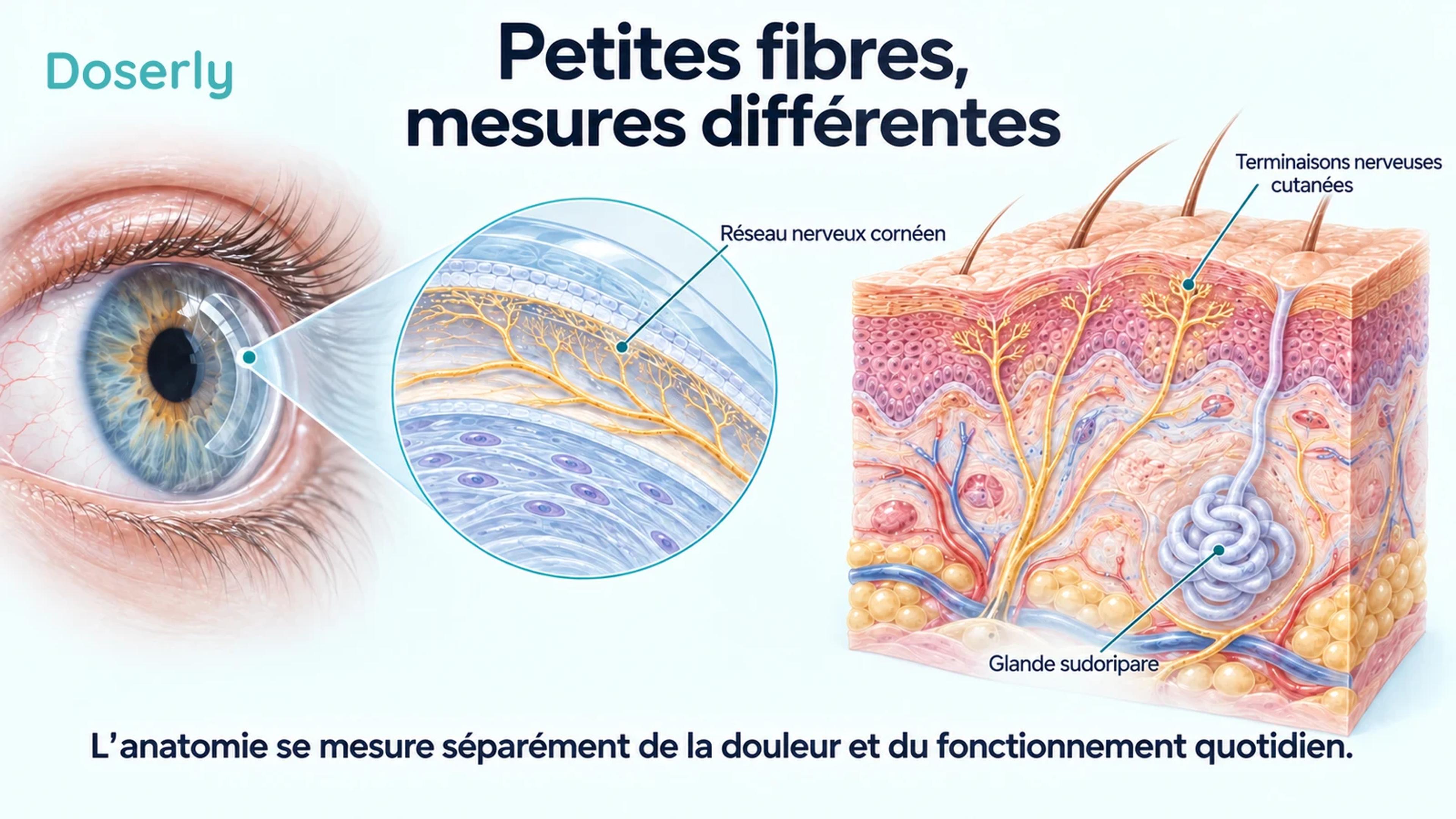 Réseau nerveux cornéen détaillé et terminaisons nerveuses de la peau humaine, avec un encadré distinct sur une glande sudoripare.