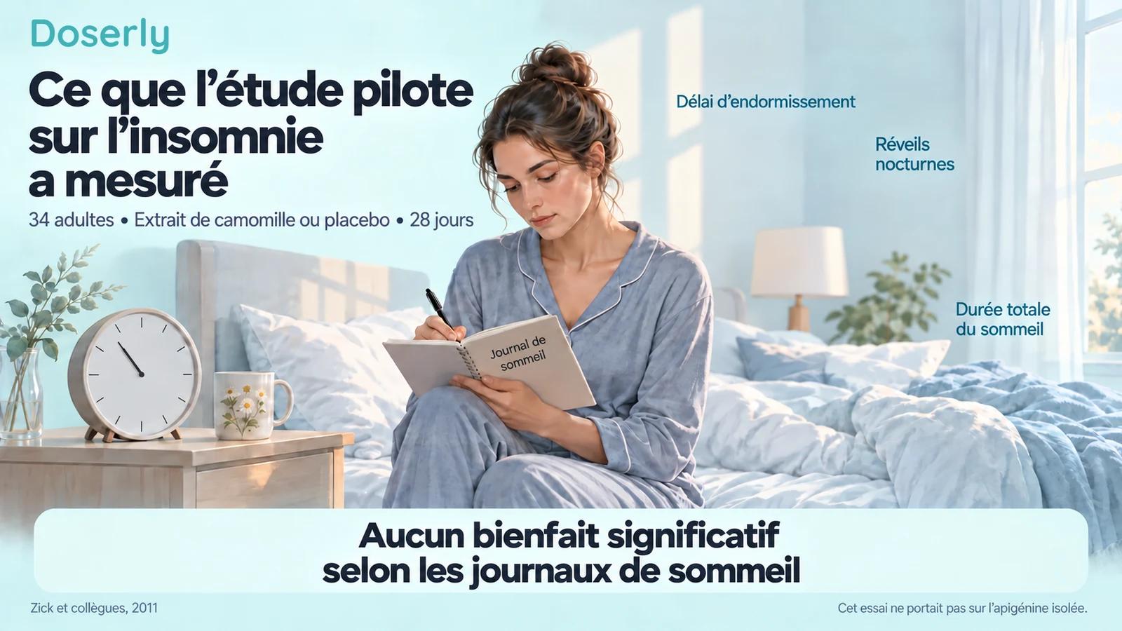 Une femme remplit un journal de sommeil à côté d’un lit et d’une horloge, avec la population, la durée et le résultat négatif sur le sommeil de l’étude pilote sur la camomille.