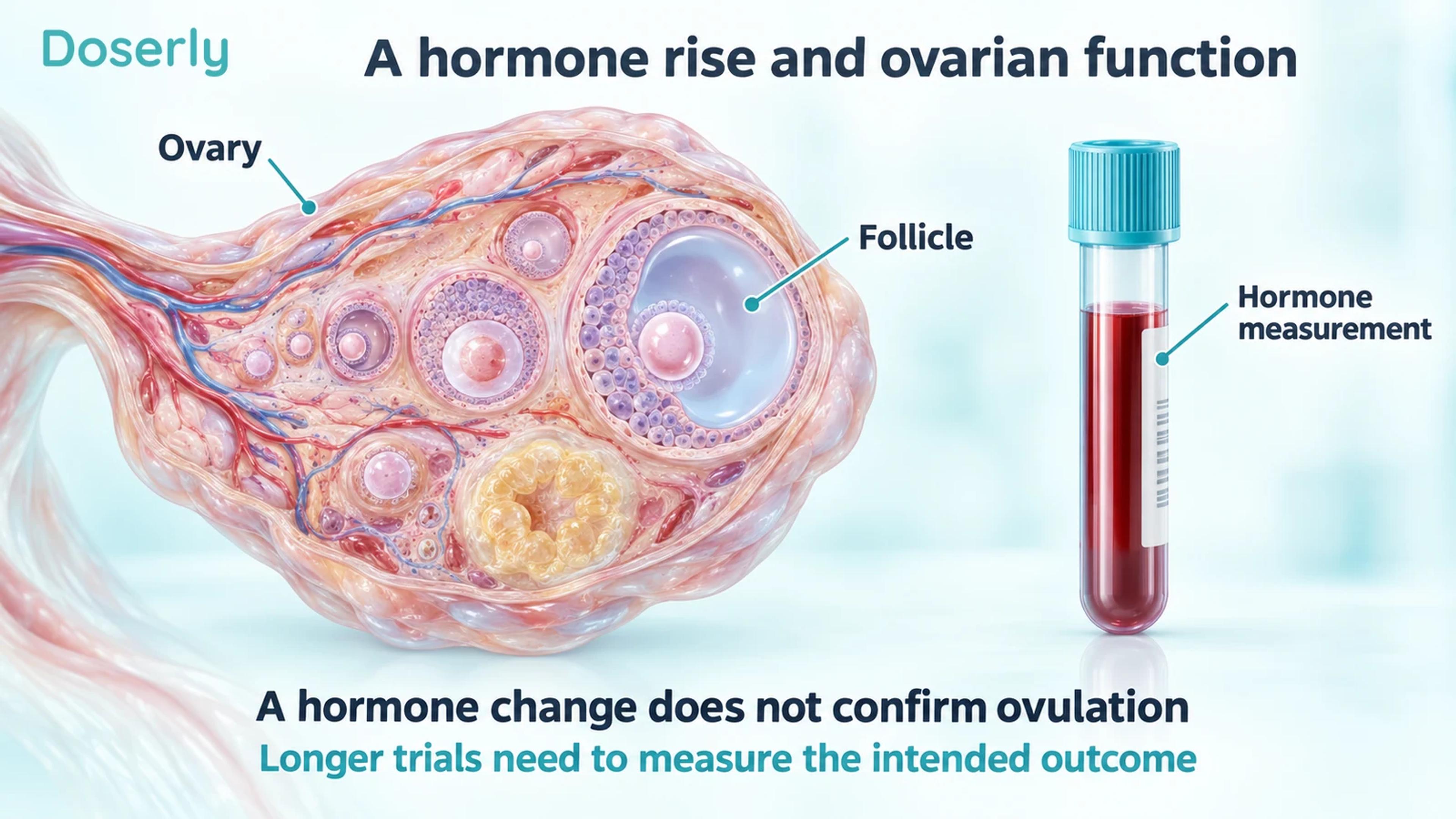 A detailed ovary with follicles beside a separate blood sample illustrates ovarian function and hormone testing.