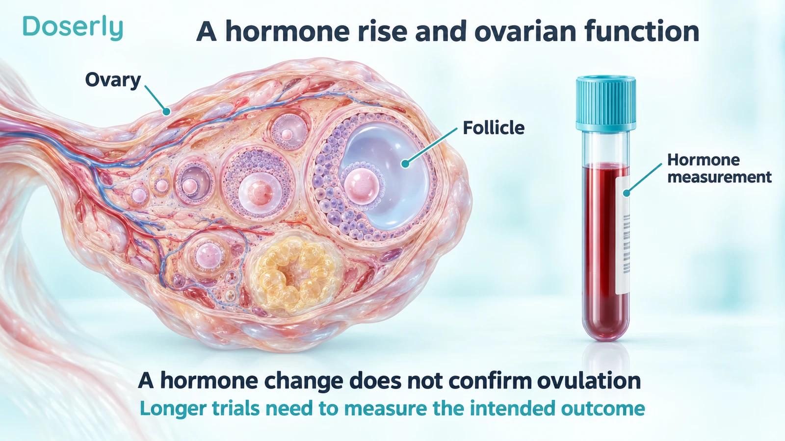 A detailed ovary with follicles beside a separate blood sample illustrates ovarian function and hormone testing.