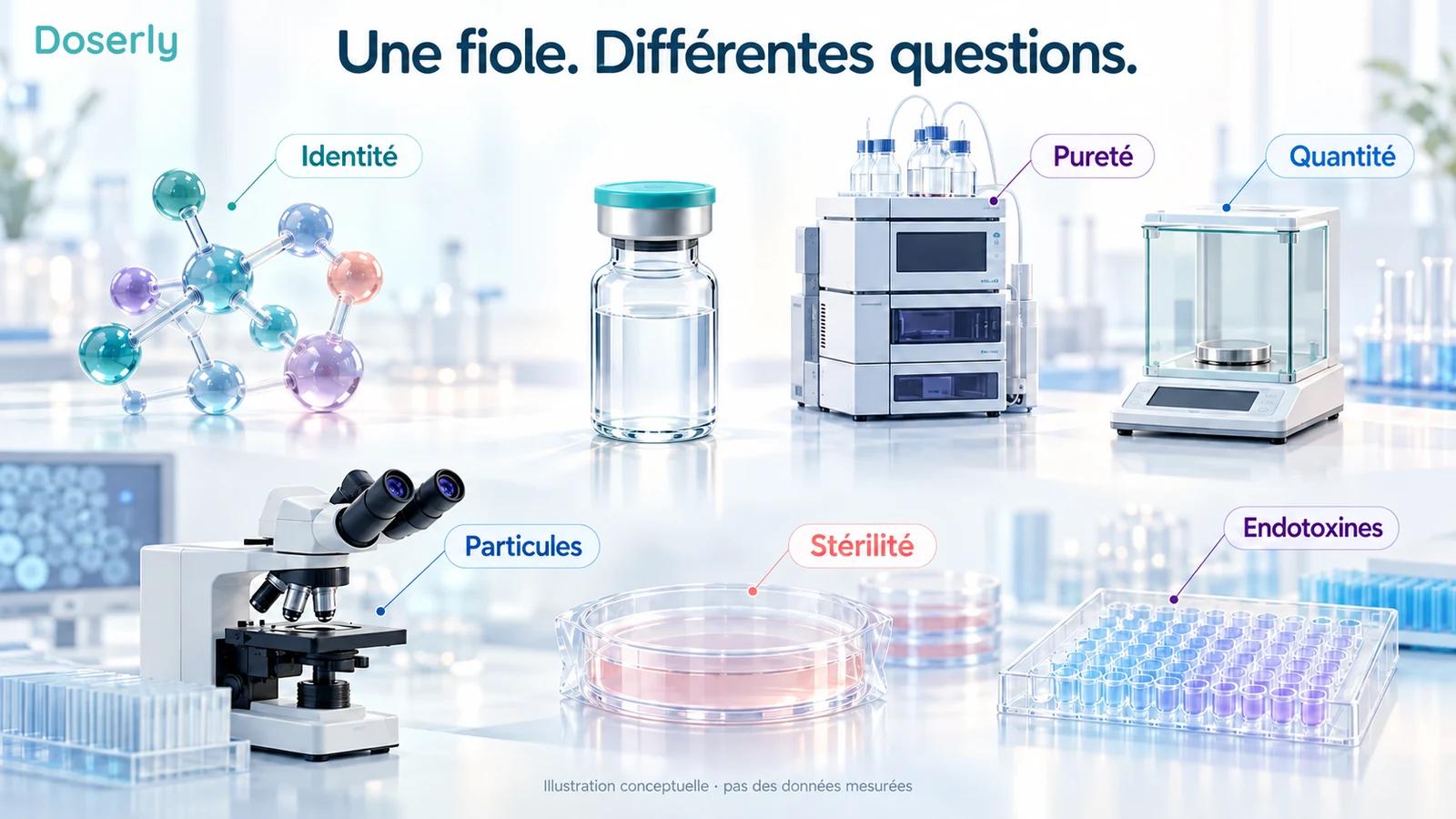 Six questions analytiques : identité, pureté, quantité, particules, stérilité et endotoxines.