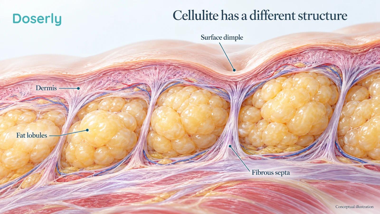Conceptual cross section of cellulite showing fibrous septa between fat lobules and a shallow surface dimple.