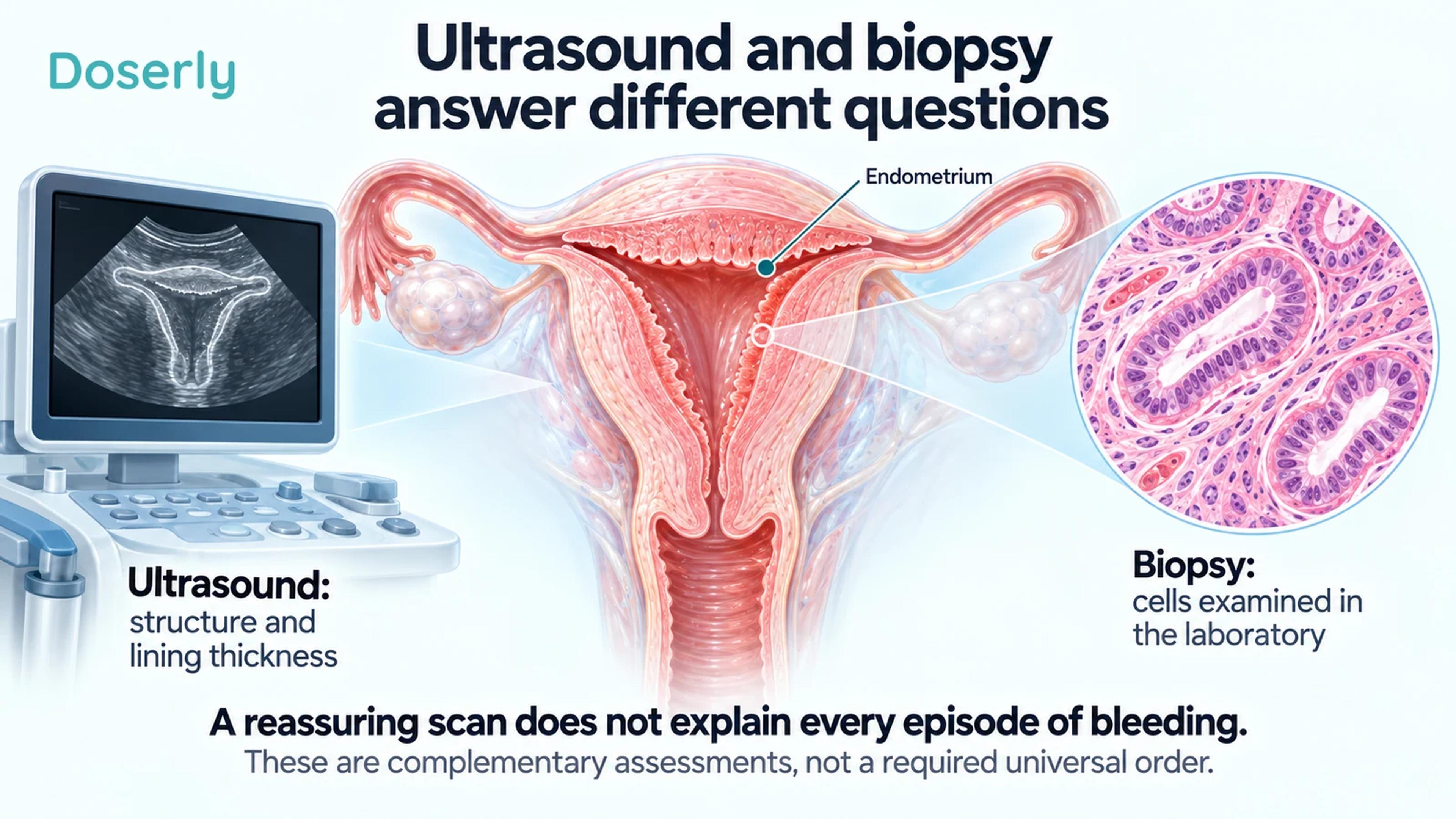 A conceptual ultrasound monitor beside an isolated uterus and magnified glandular tissue, contrasting imaging with laboratory examination of a biopsy.