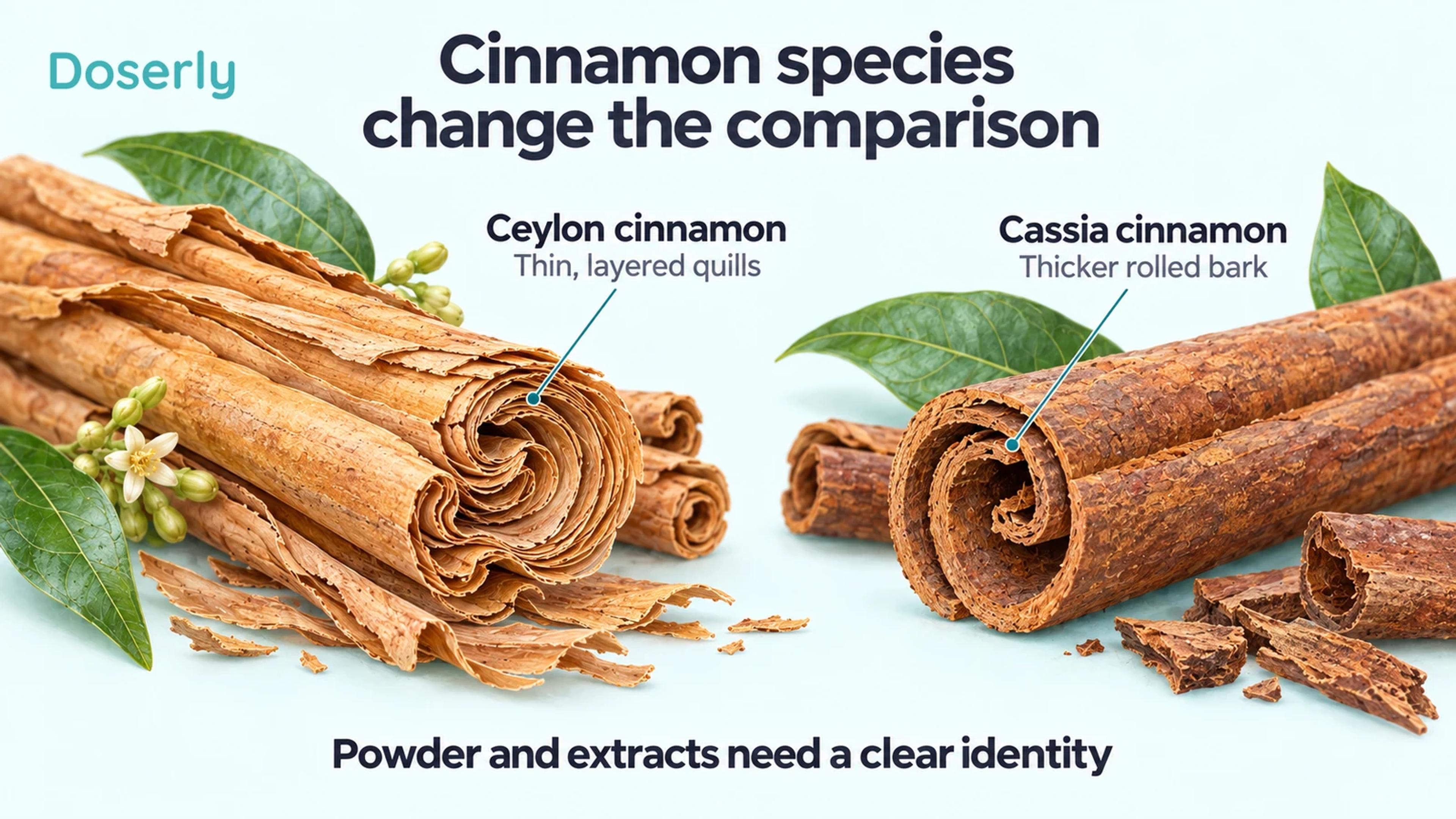 Detailed cinnamon bark illustration comparing thin layered Ceylon quills with thicker rolled cassia bark