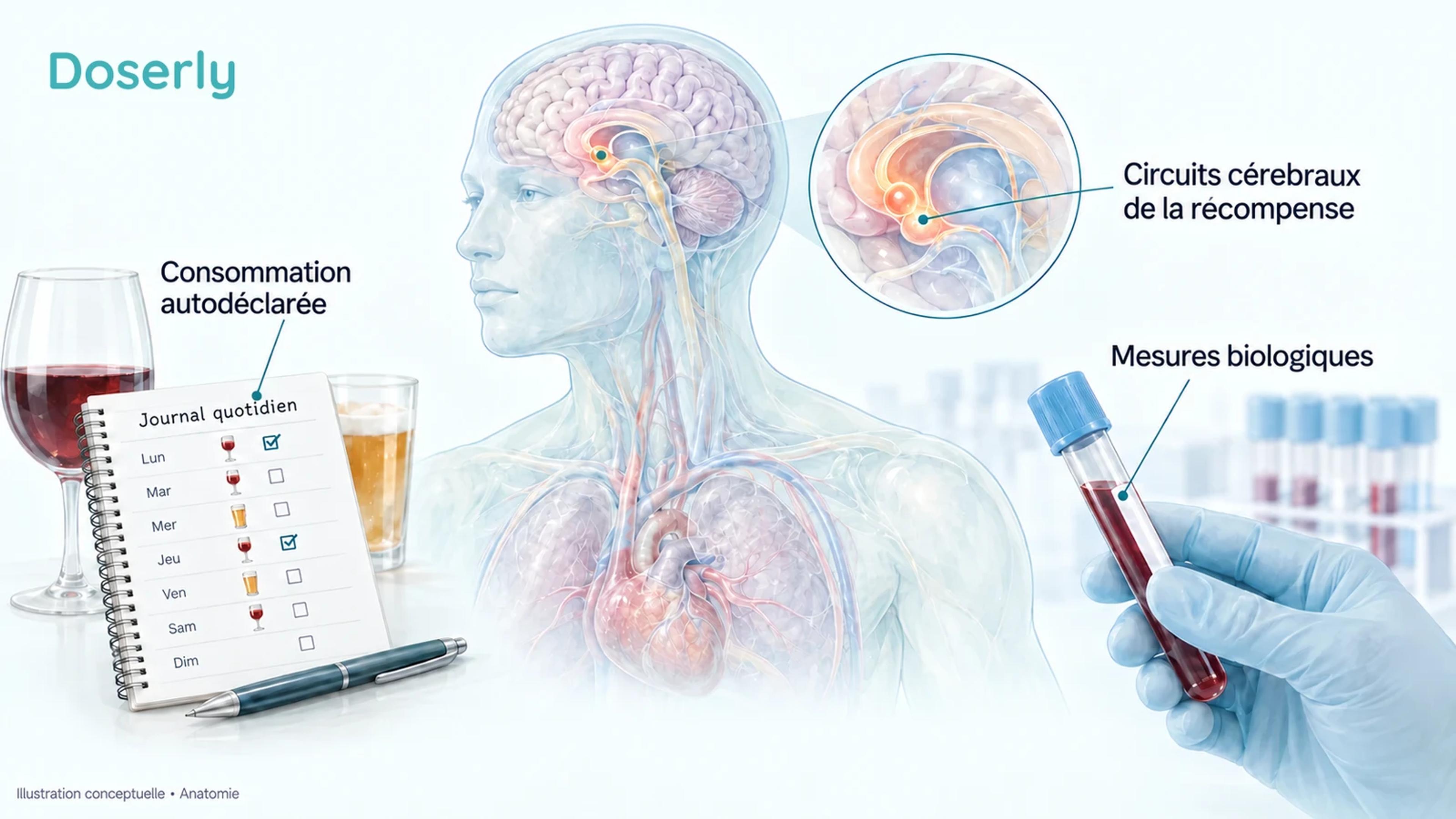 Anatomie cérébrale conceptuelle détaillée à côté d’un journal de consommation d’alcool et d’un échantillon de sang, illustrant différentes approches de recherche sur l’alcool.