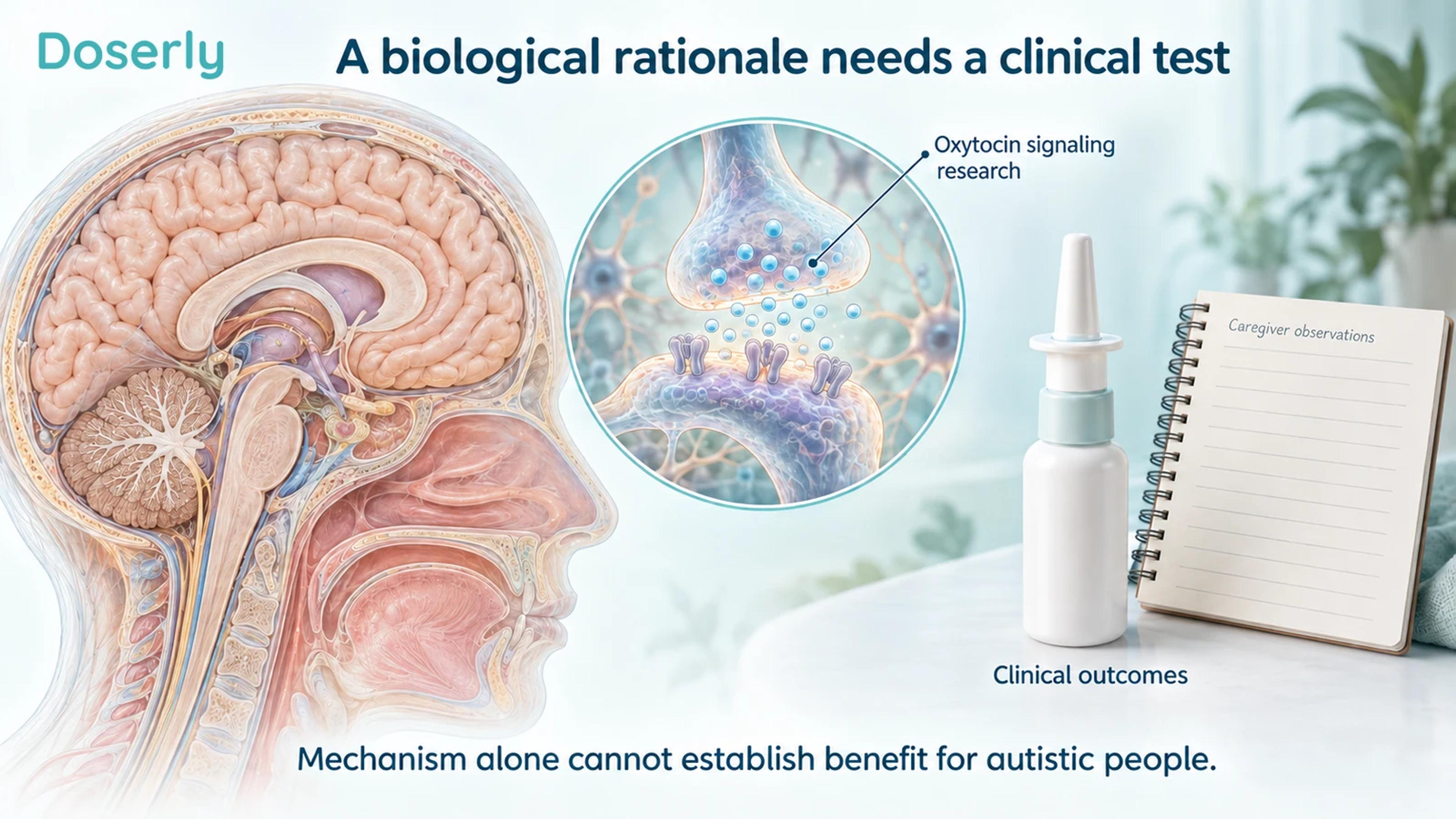 Neutral brain anatomy with a conceptual synapse beside an unbranded nasal spray and caregiver observation notebook.