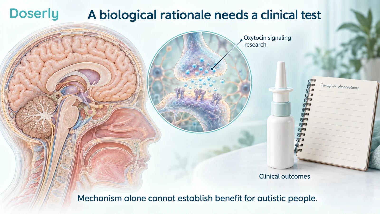 Neutral brain anatomy with a conceptual synapse beside an unbranded nasal spray and caregiver observation notebook.