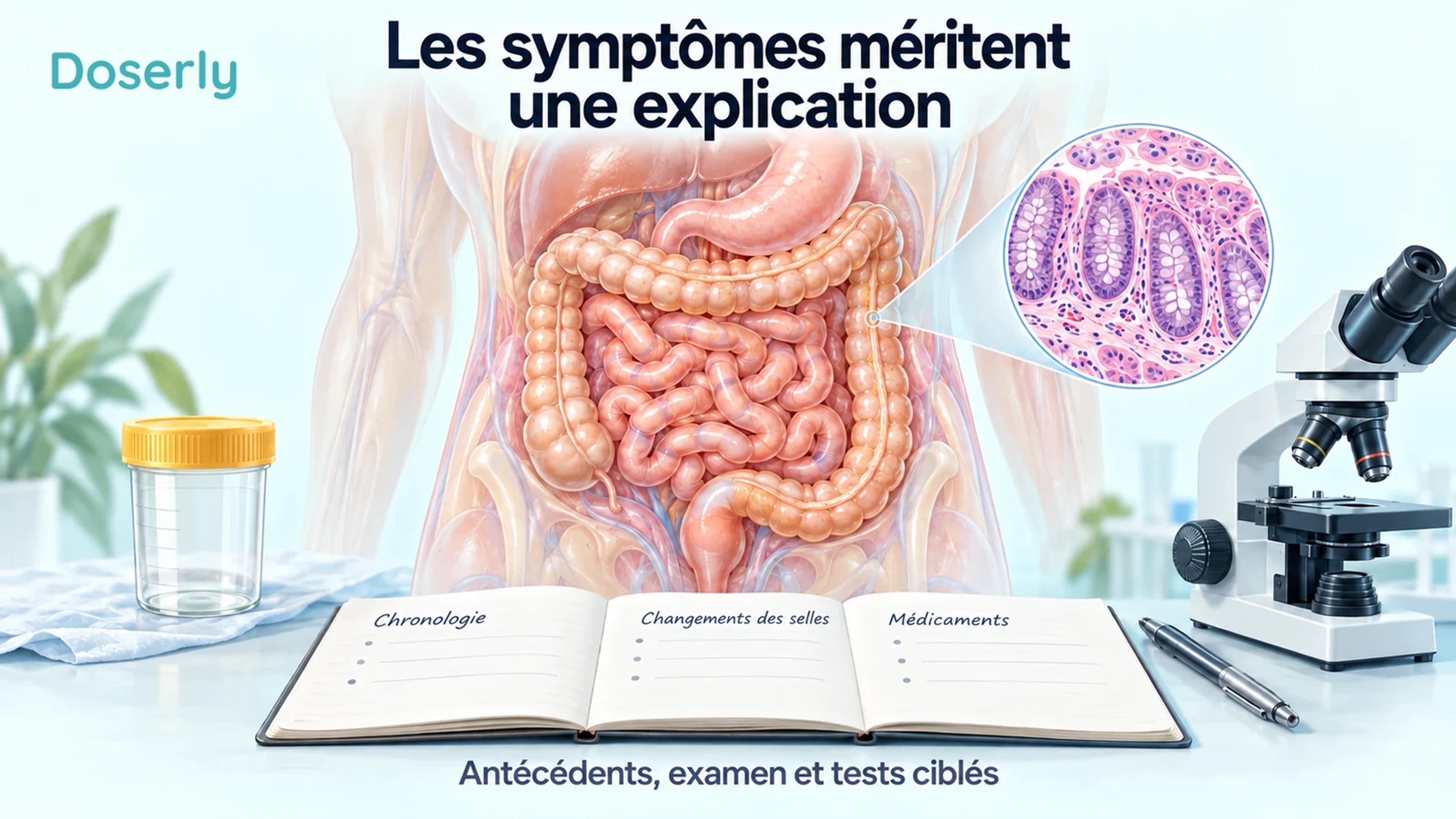 Anatomie digestive à côté d’un carnet, d’un contenant de prélèvement et d’un microscope illustrant l’évaluation clinique.
