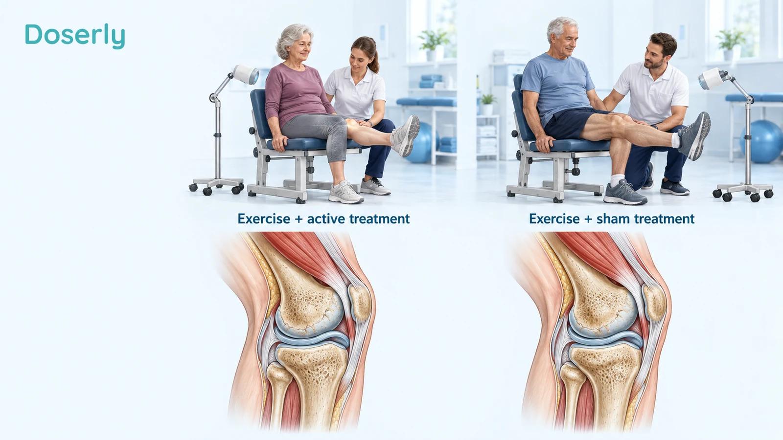 Conceptual paired clinical scenes showing the same supervised knee-strengthening activity, with a separate small light applicator and no improvement arrows.