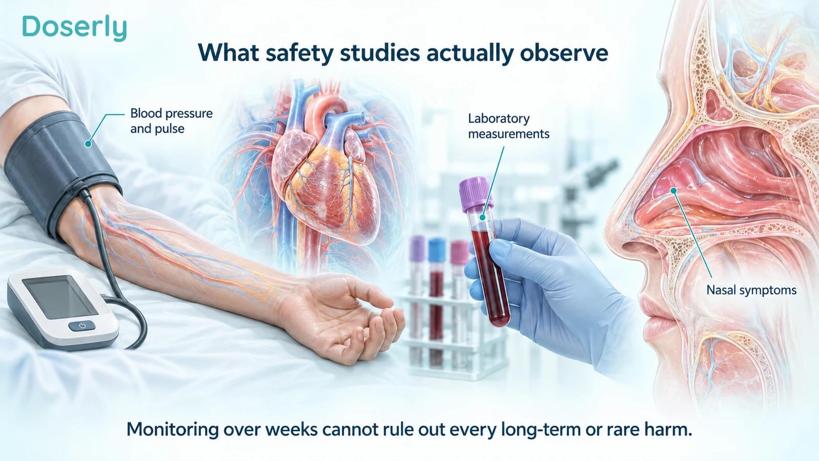 Medical measurement tools and anatomy illustrating blood pressure, laboratory testing and nasal symptoms.