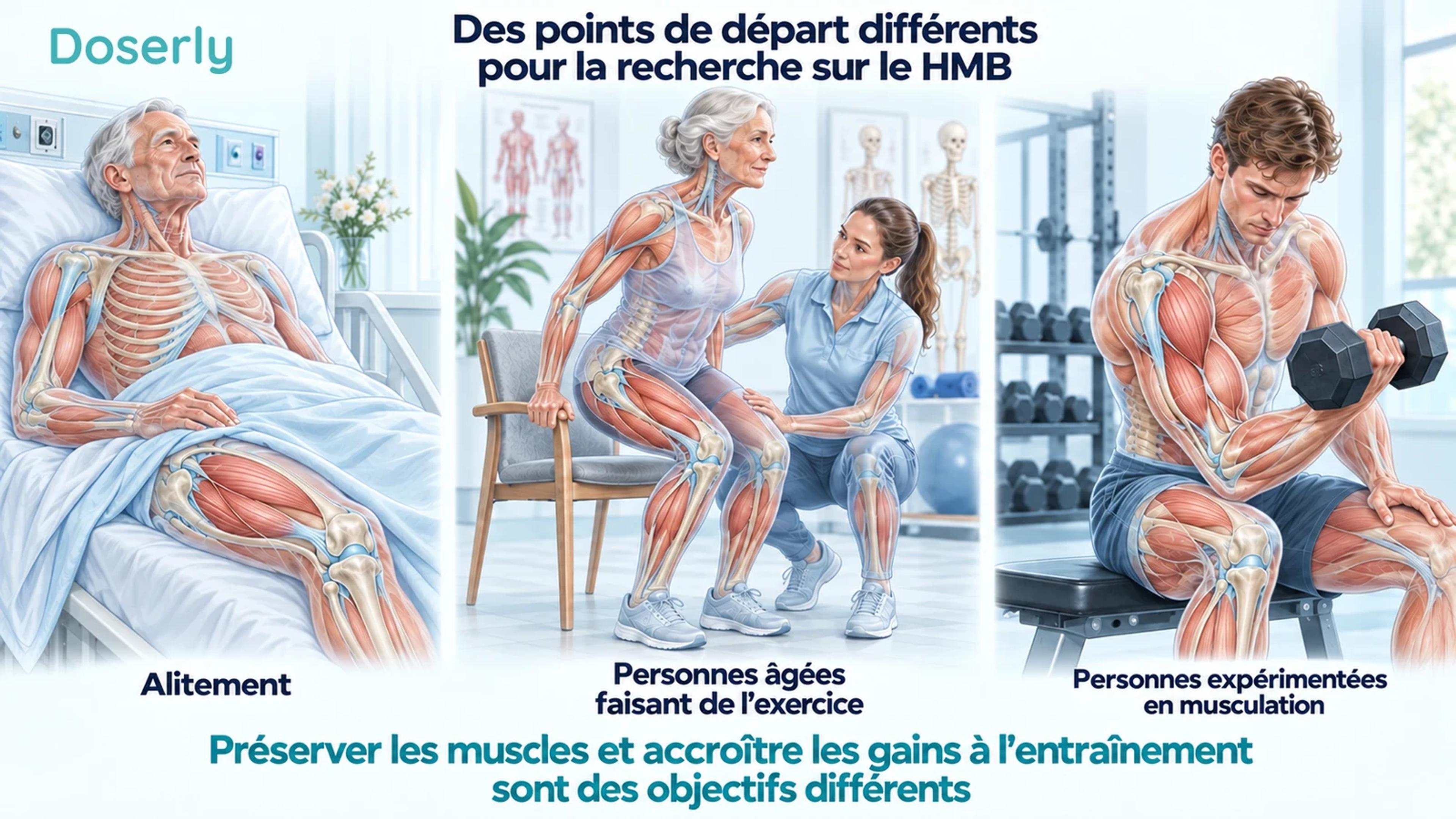 Trois scènes illustrent l’alitement, l’exercice supervisé chez une personne âgée et l’entraînement contre résistance chez une personne expérimentée en musculation.