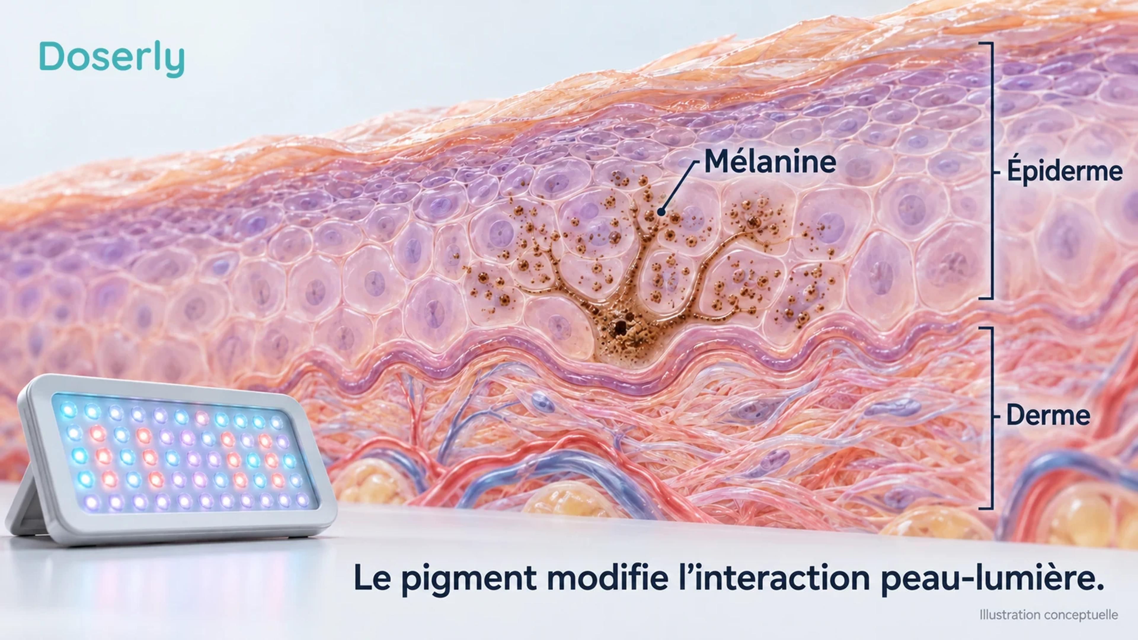 Une coupe détaillée de l’épiderme montre des cellules contenant de la mélanine au-dessus du derme, à côté d’un appareil lumineux générique.