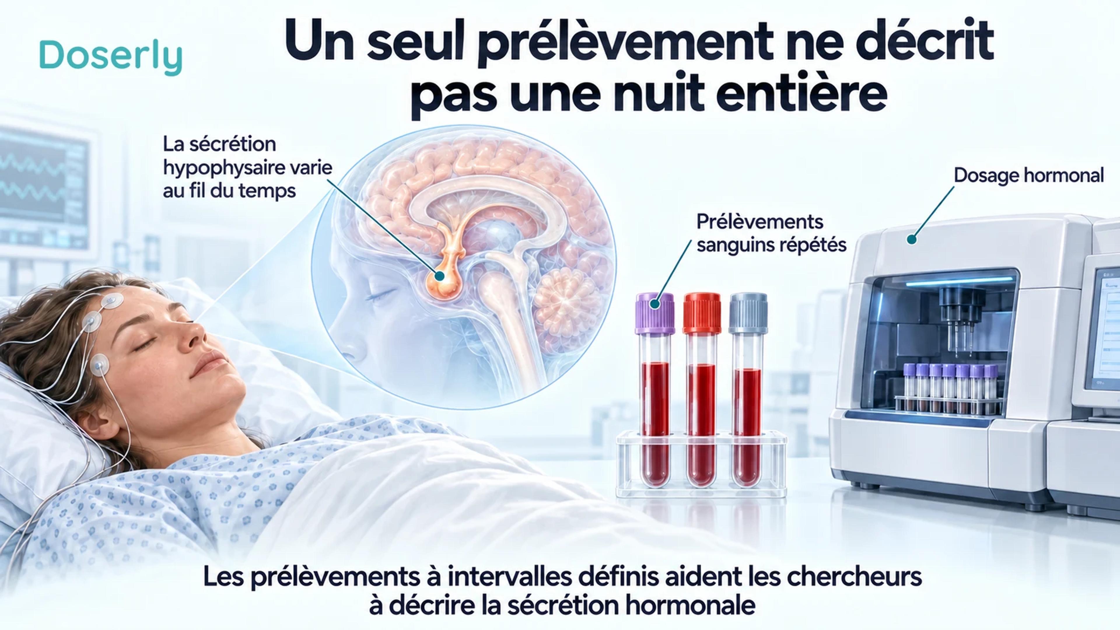 Un participant à une étude endormi, avec un encadré montrant l’hypophyse, à côté d’échantillons sanguins distincts et d’équipement de mesure en laboratoire.