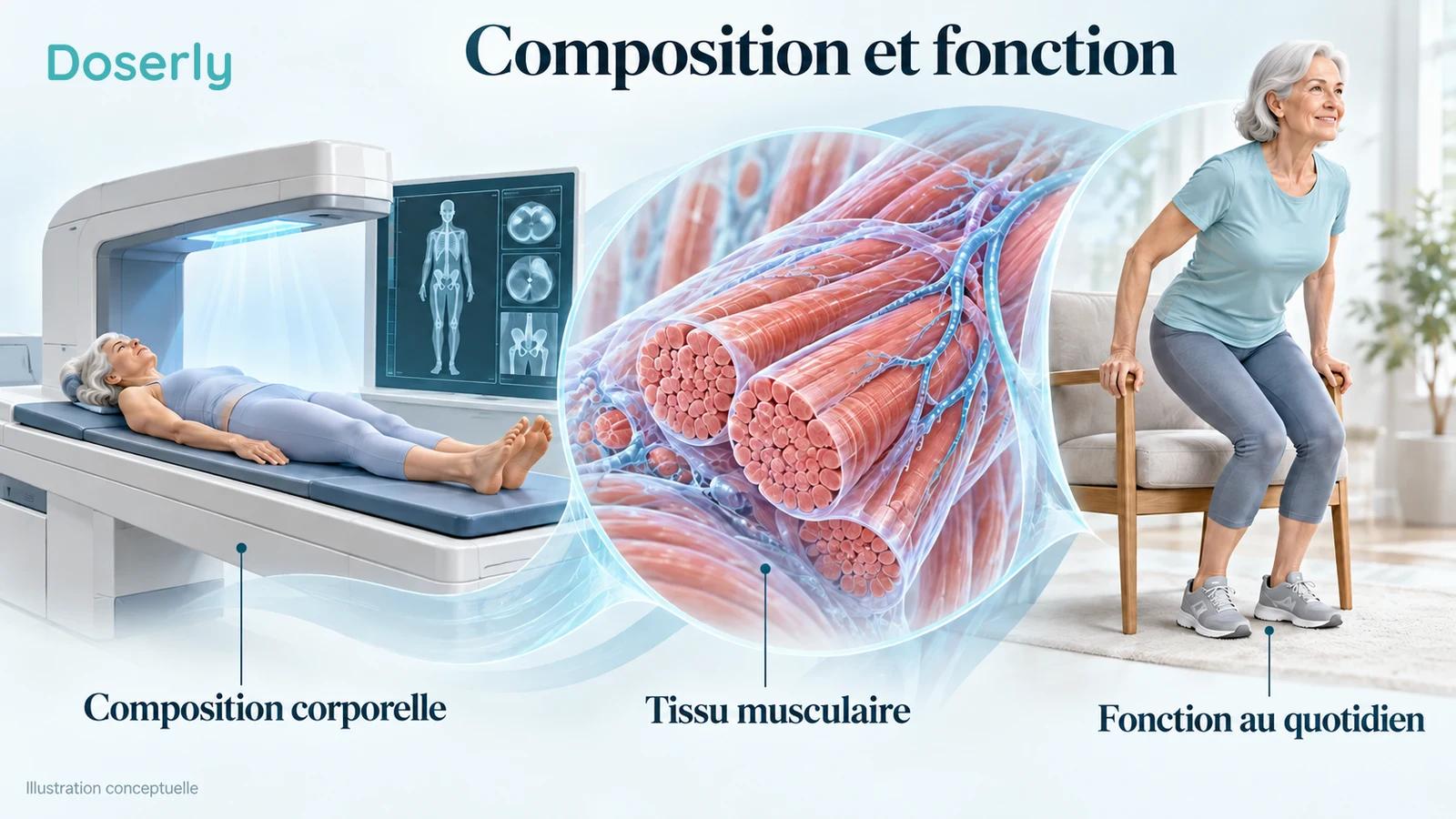 Comparaison conceptuelle d’une évaluation de la composition corporelle par DXA, de fibres musculaires et d’une personne âgée se levant d’une chaise.