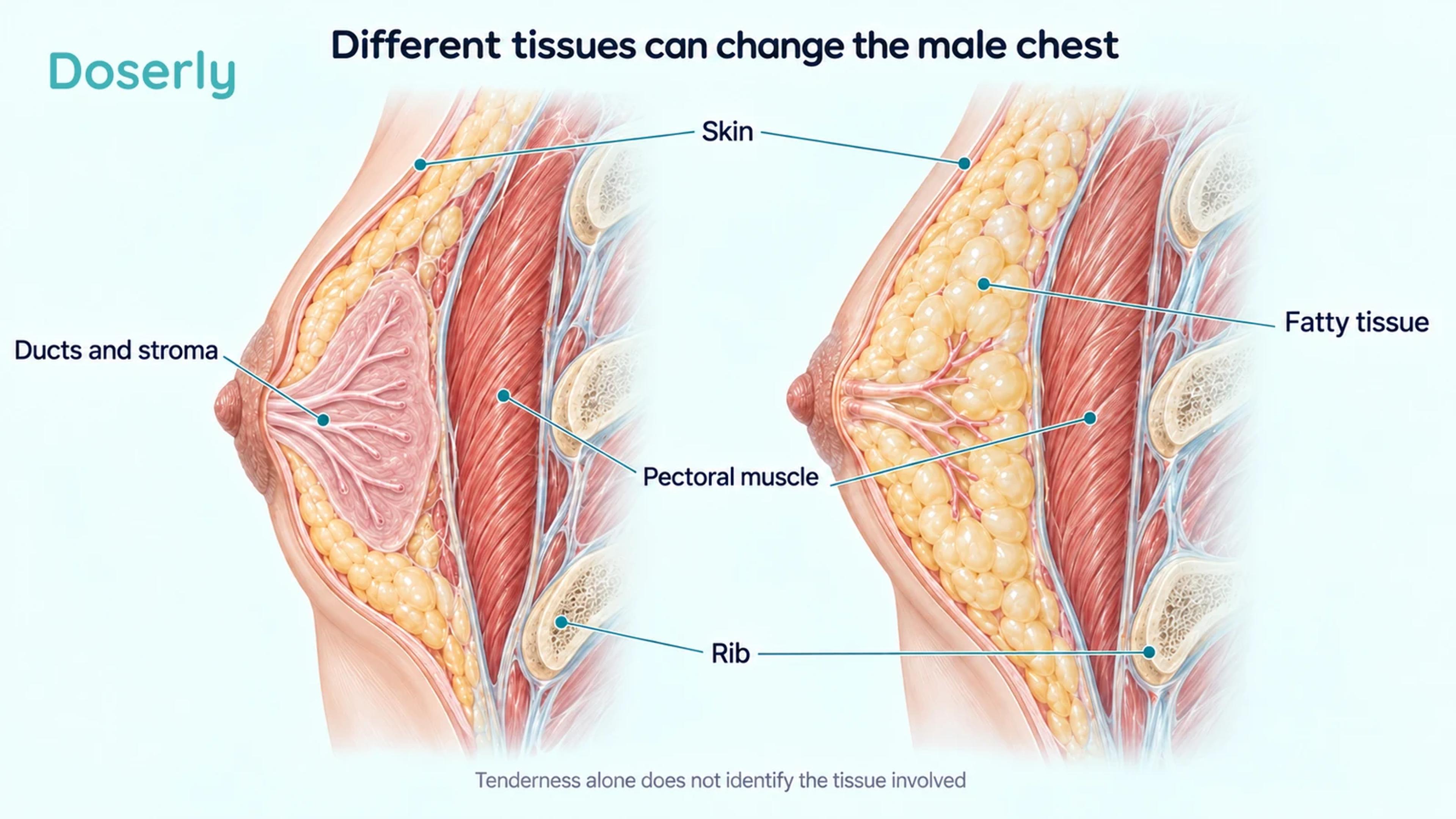 Detailed male chest cross-sections comparing subareolar ducts and fibrous stroma with fatty tissue, with skin, muscle and ribs labeled.