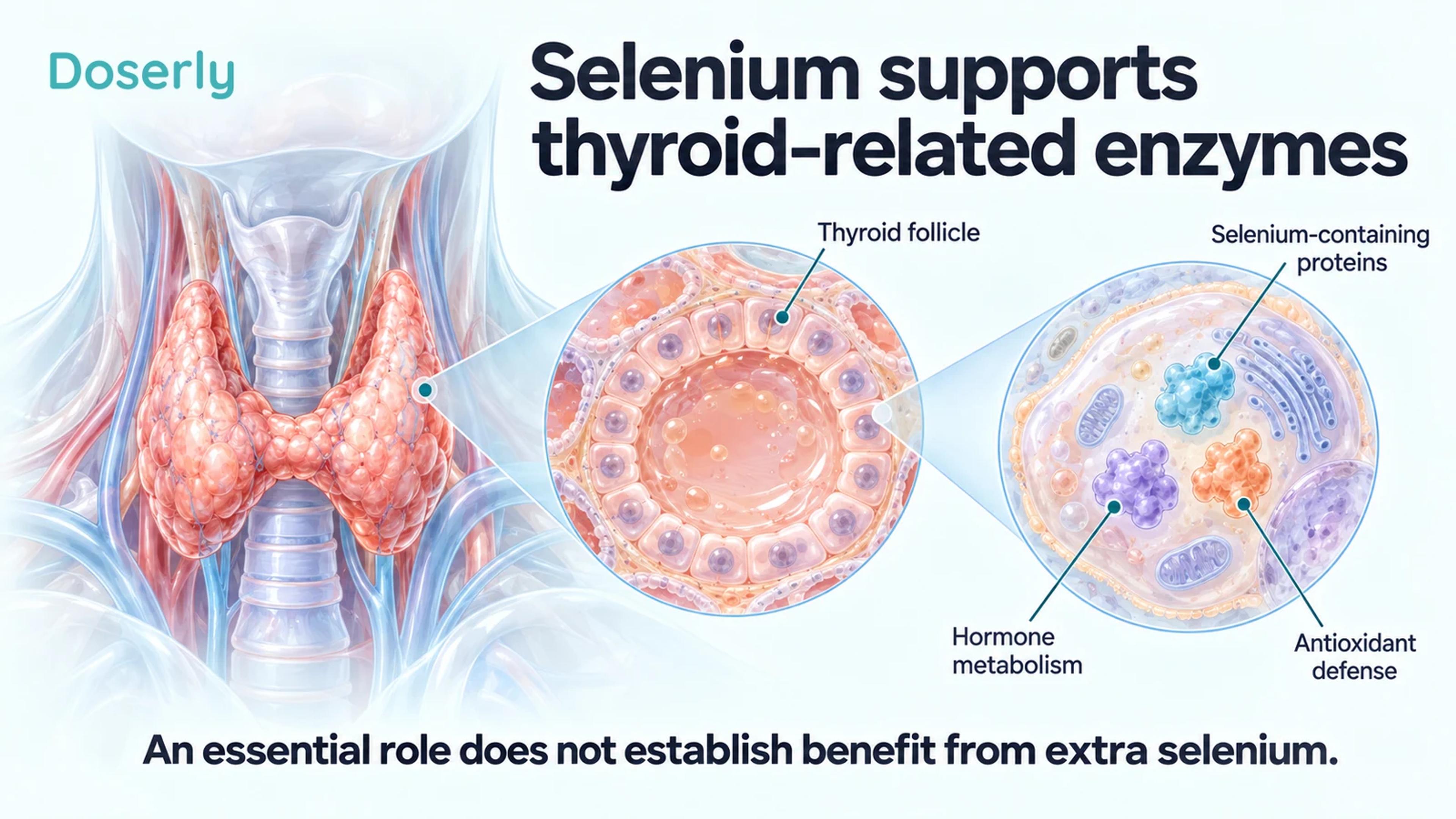 A thyroid gland, enlarged follicle and conceptual cell proteins explain selenium's roles in hormone metabolism and antioxidant defense.