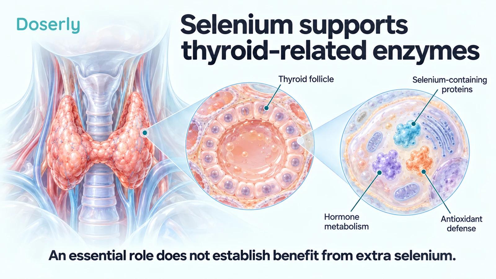 A thyroid gland, enlarged follicle and conceptual cell proteins explain selenium's roles in hormone metabolism and antioxidant defense.