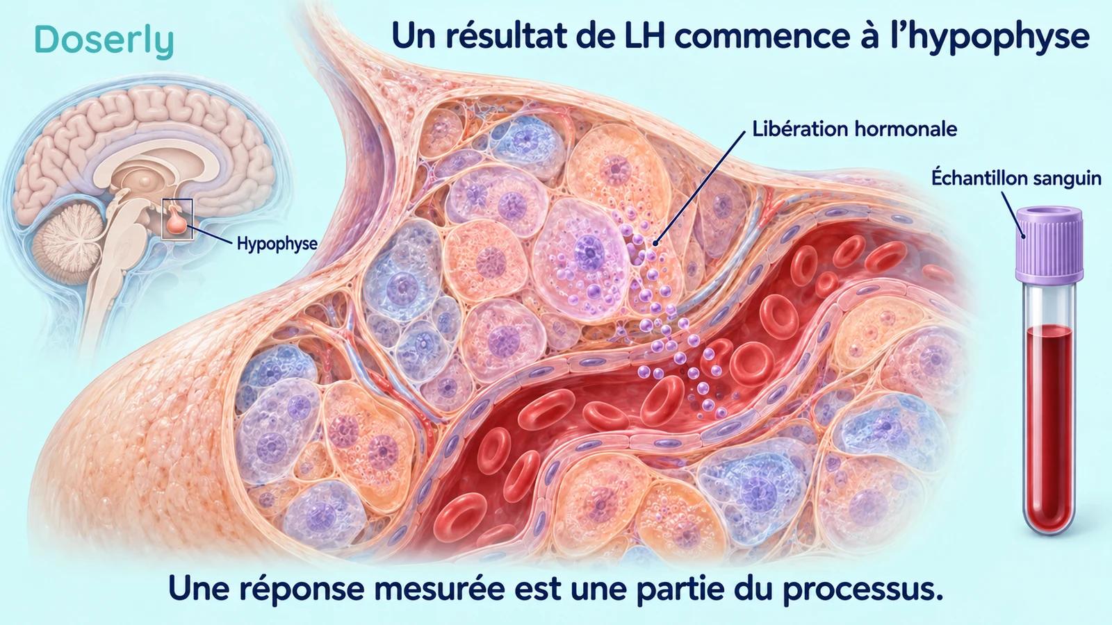 Tissu détaillé de l’hypophyse antérieure et capillaire, avec un encadré montrant une coupe sagittale du cerveau et un échantillon sanguin illustrant l’origine et la mesure d’une réponse hormonale.