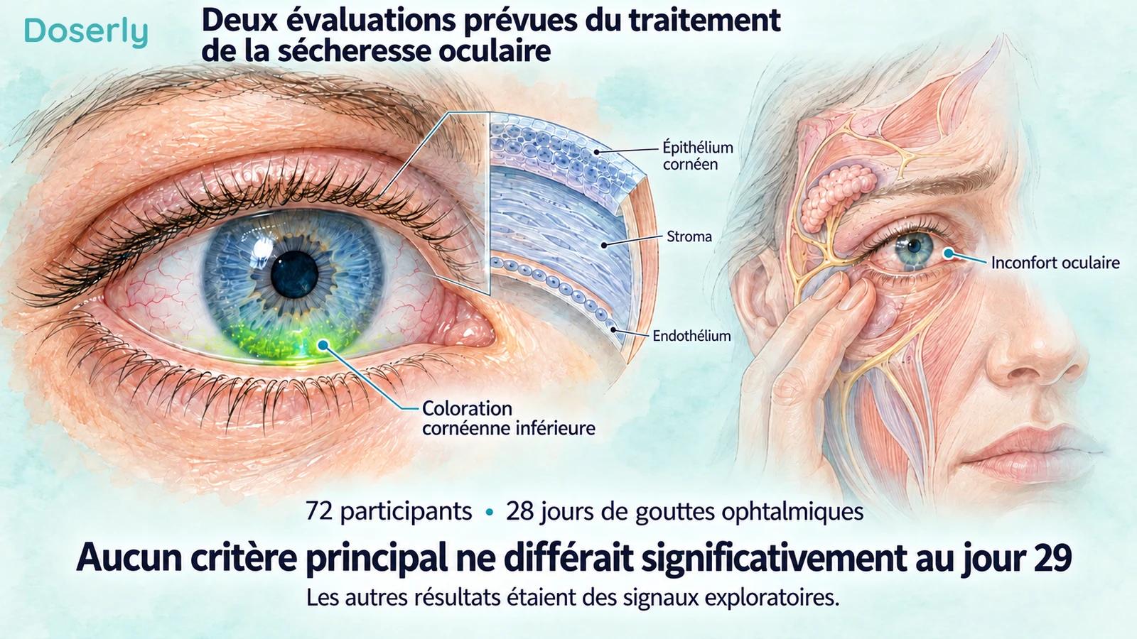 Œil illustré avec coloration cornéenne inférieure et vue en coupe translucide du visage représentant l’inconfort oculaire.