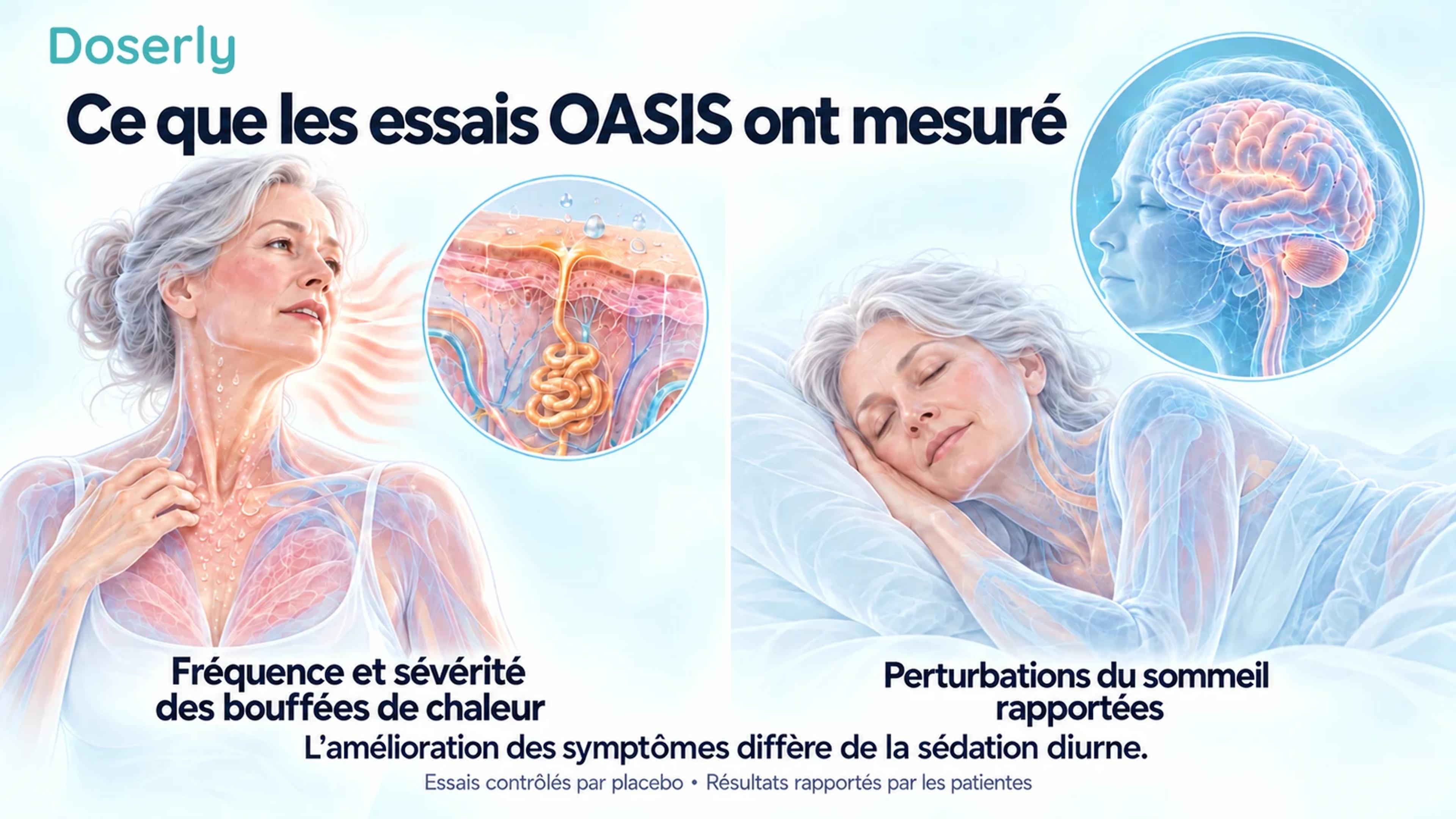 Illustrations de femmes ayant une bouffée de chaleur le jour et se reposant la nuit, avec des coupes de la peau et du cerveau distinguant le nombre de symptômes des perturbations du sommeil rapportées.