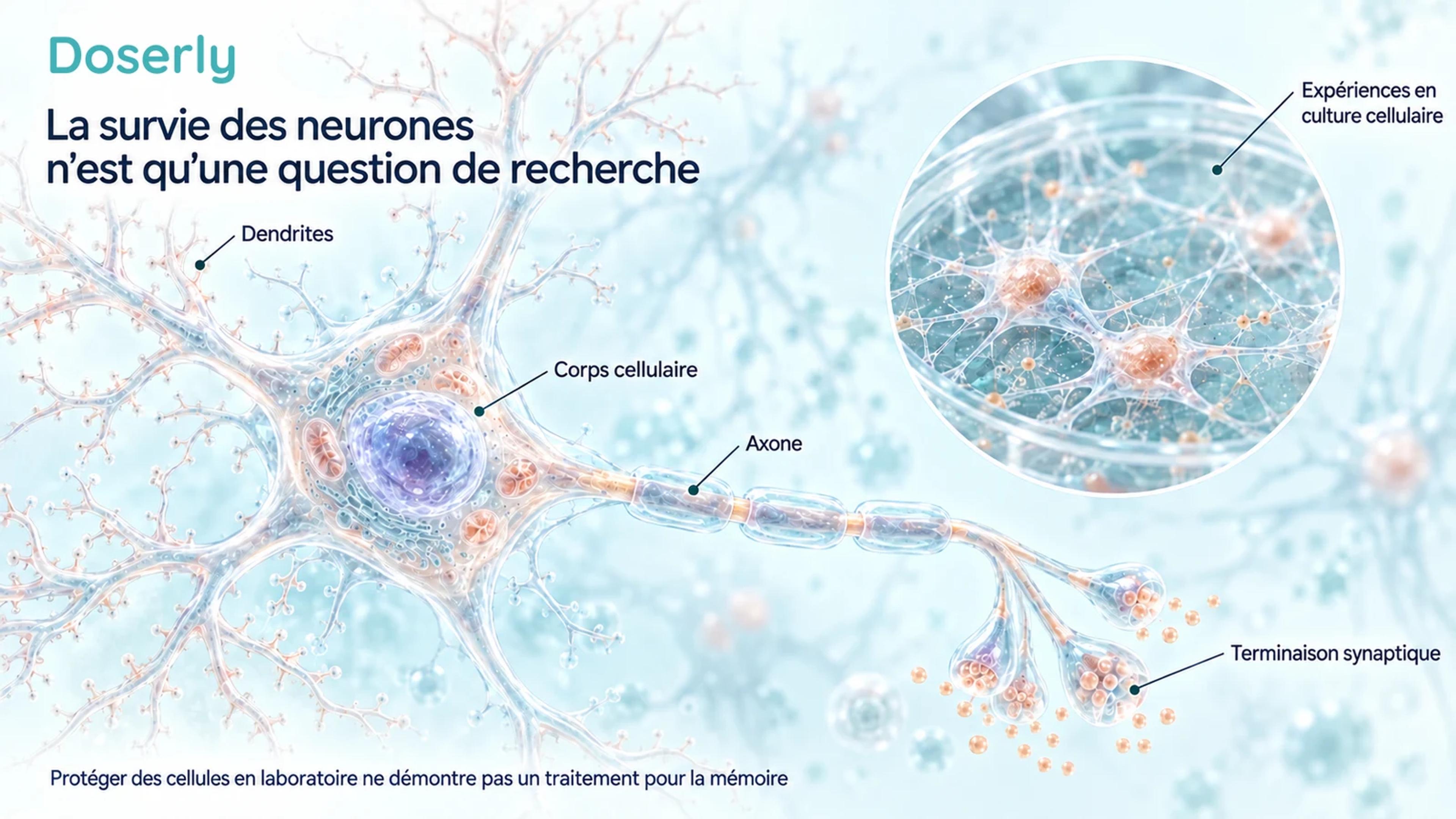 Neurone détaillé avec des étiquettes indiquant les dendrites, le corps cellulaire, l’axone et la terminaison synaptique, à côté d’un encadré montrant un neurone en culture