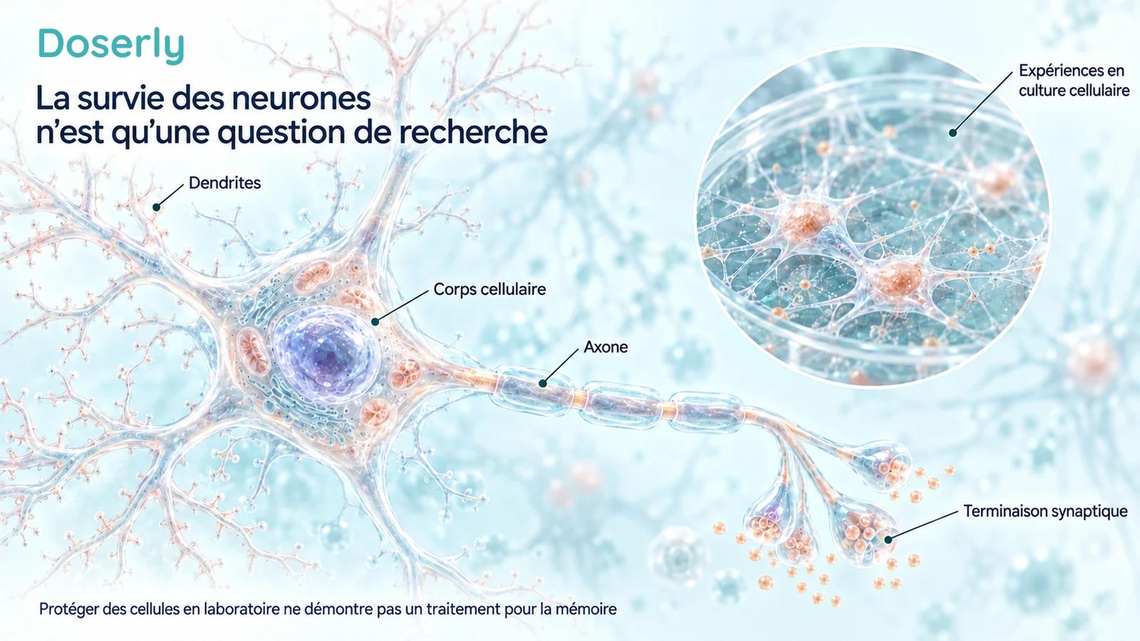 Neurone détaillé avec des étiquettes indiquant les dendrites, le corps cellulaire, l’axone et la terminaison synaptique, à côté d’un encadré montrant un neurone en culture