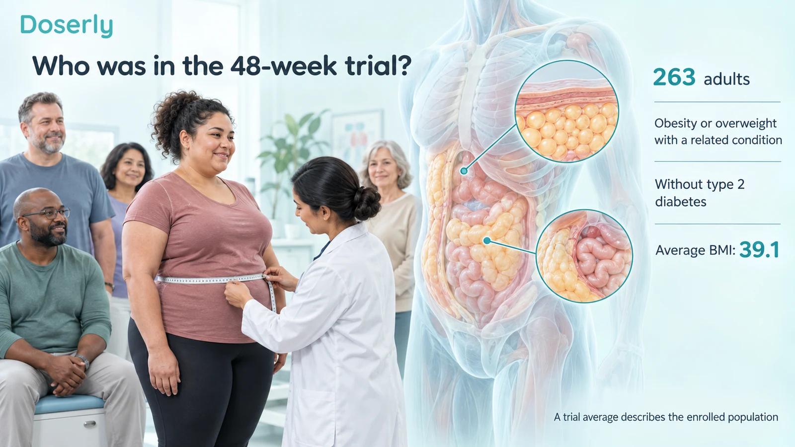 Clinical measurements and adipose anatomy accompany the main characteristics of the 48-week population.