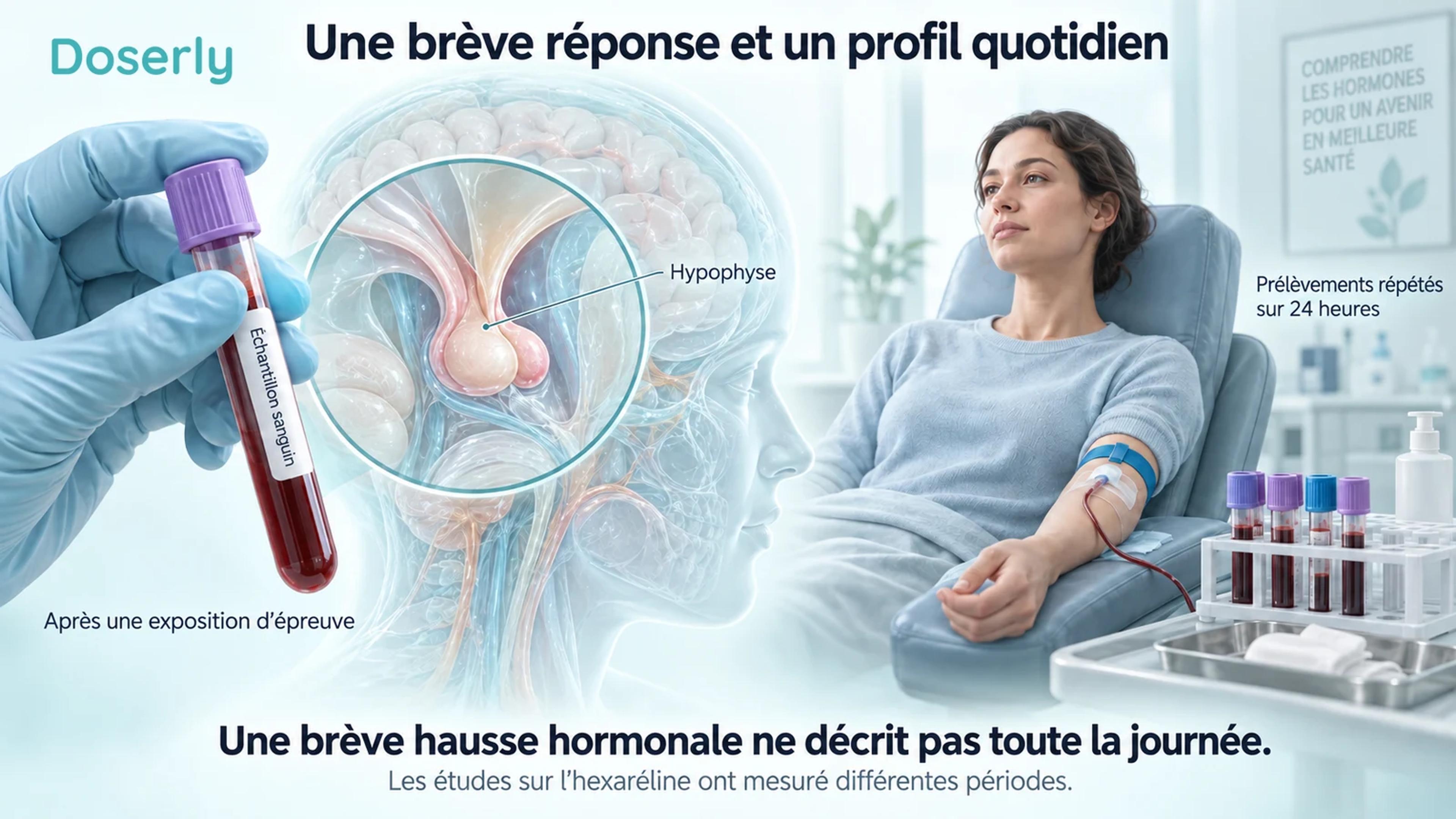 Une collecte de sang et des prélèvements répétés illustrent la différence entre une brève réponse hormonale et un profil quotidien.