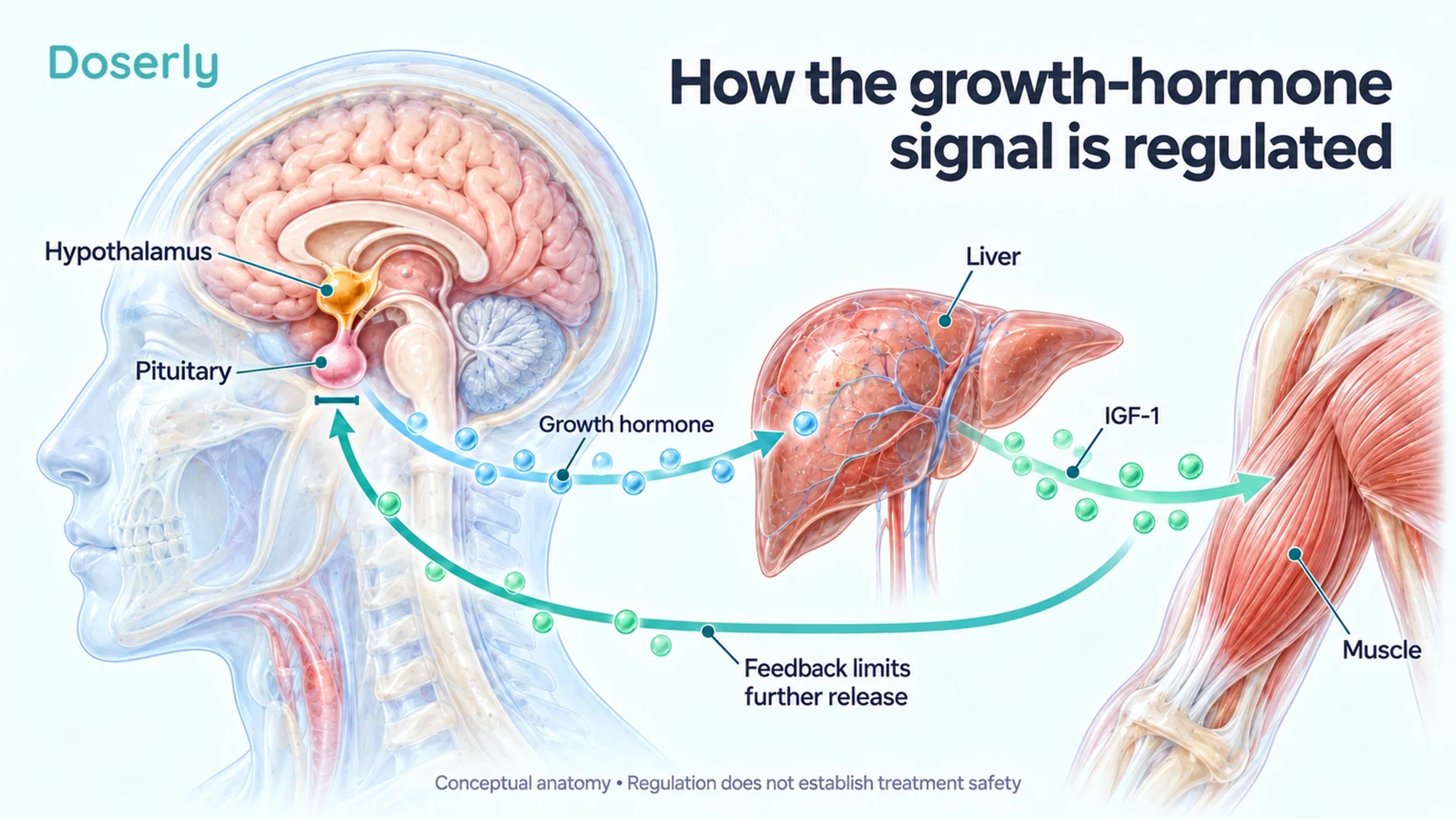 Detailed hypothalamus, pituitary, liver and muscle illustration showing growth-hormone signaling and inhibitory feedback.