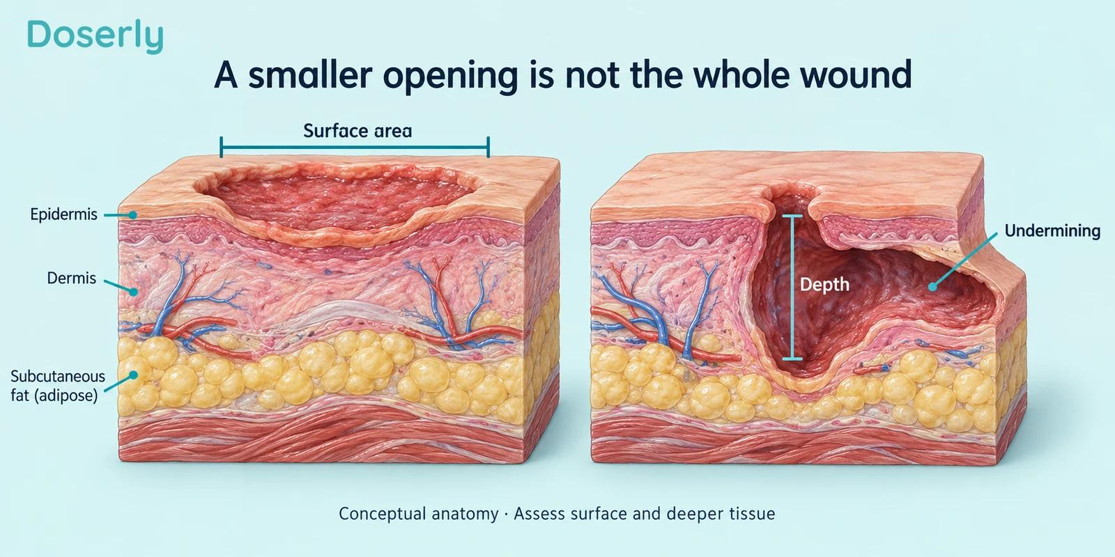 Two skin cross-sections illustrate a broad shallow wound and a narrow wound with a deeper cavity and undermined edge.