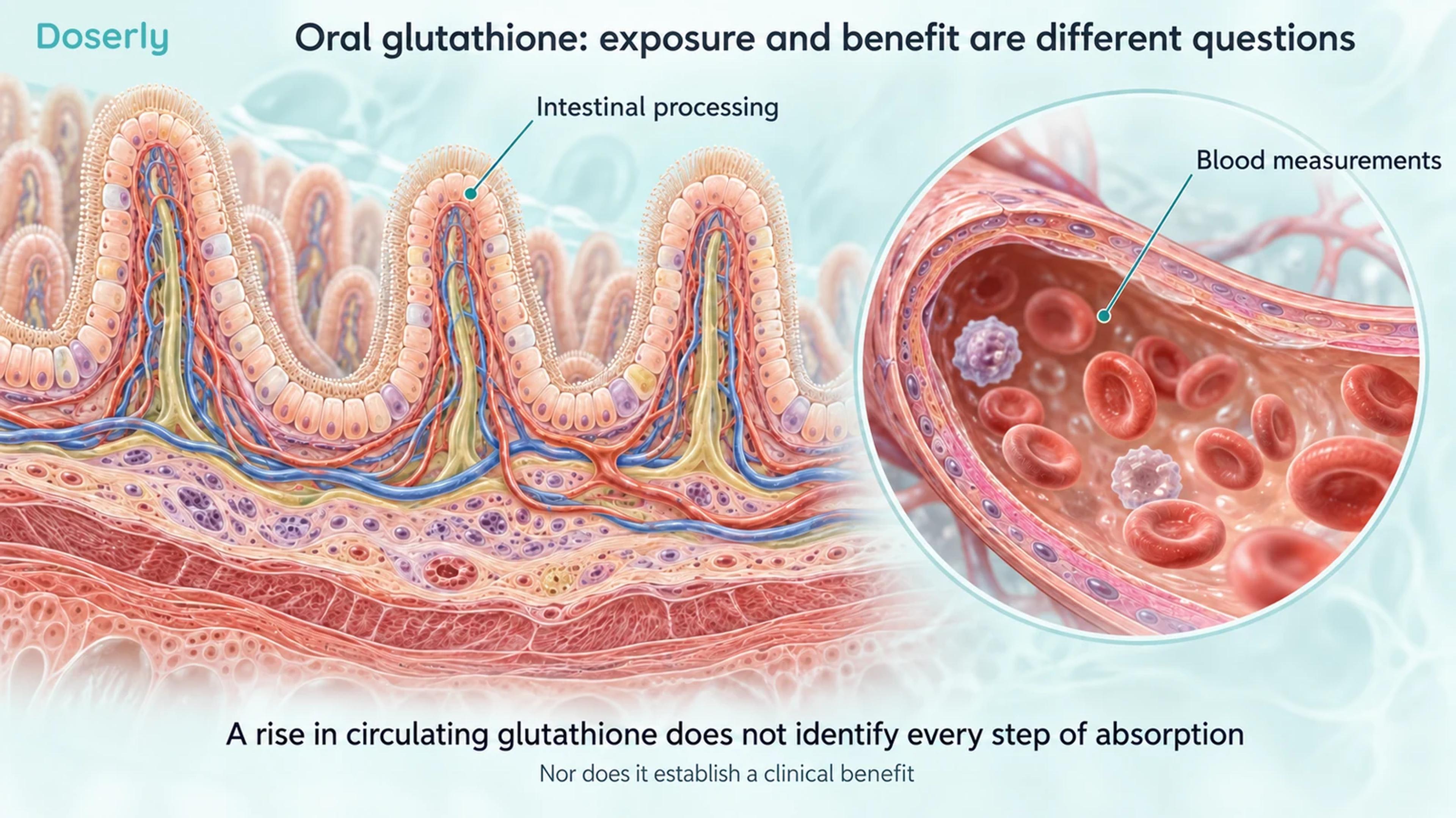 Intestinal villi and a blood-vessel cutaway distinguish intestinal processing from circulating glutathione measurements.