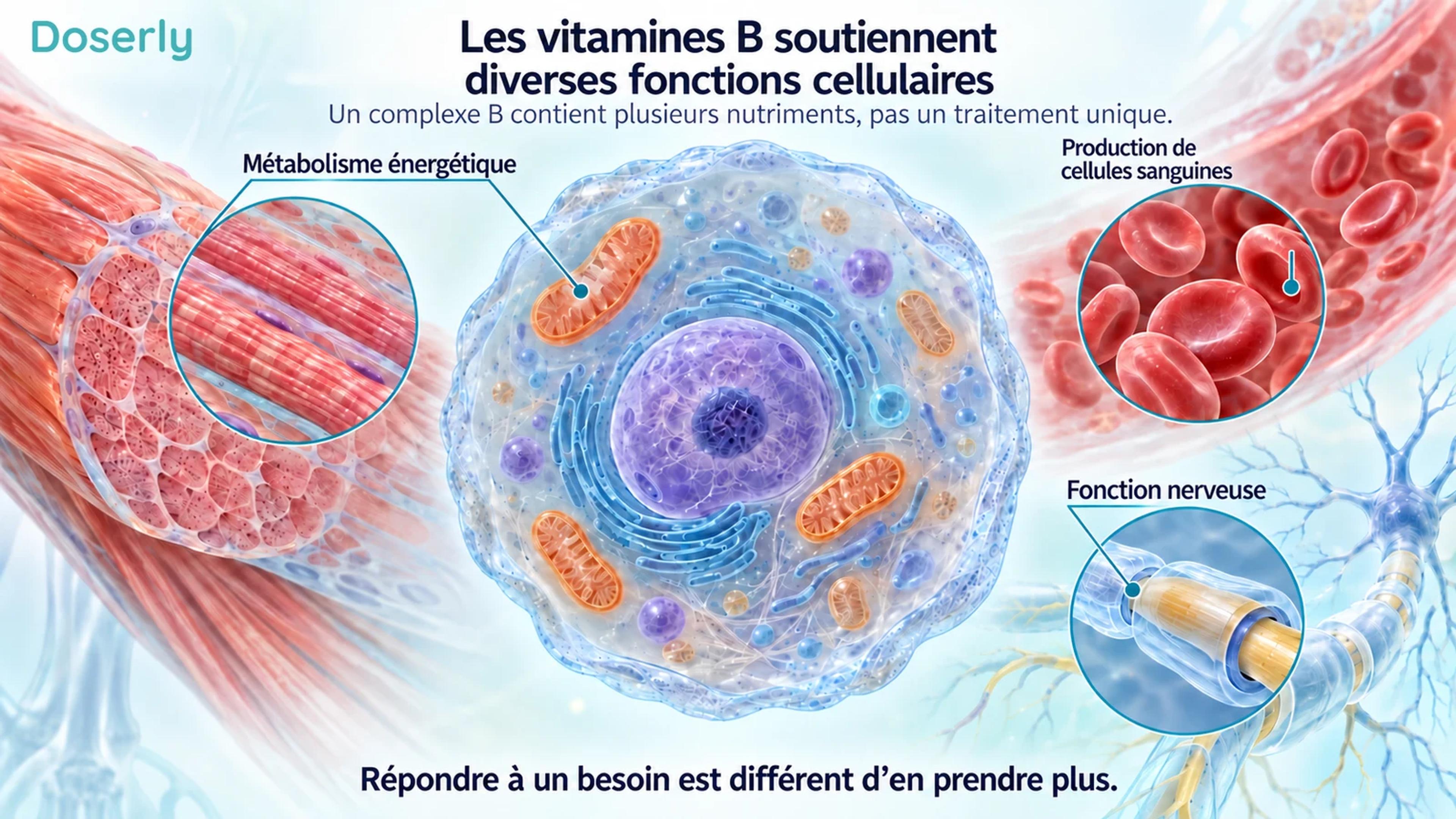 Une cellule détaillée, un muscle squelettique, des cellules sanguines et un nerf illustrent plusieurs fonctions soutenues par des vitamines B différentes.