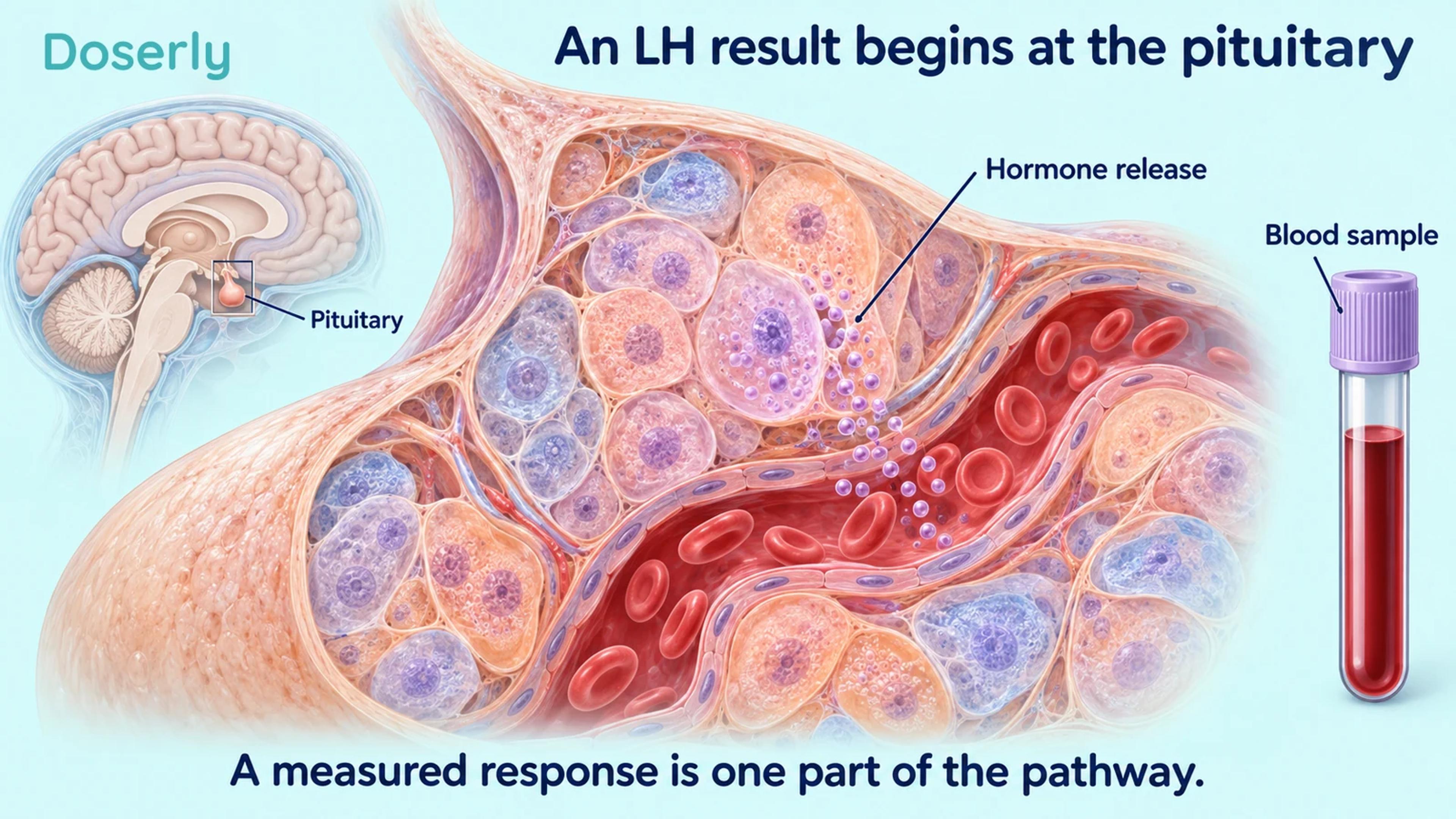Detailed anterior pituitary tissue and capillary, with a sagittal brain inset and blood specimen illustrating the origin and measurement of a hormone response.