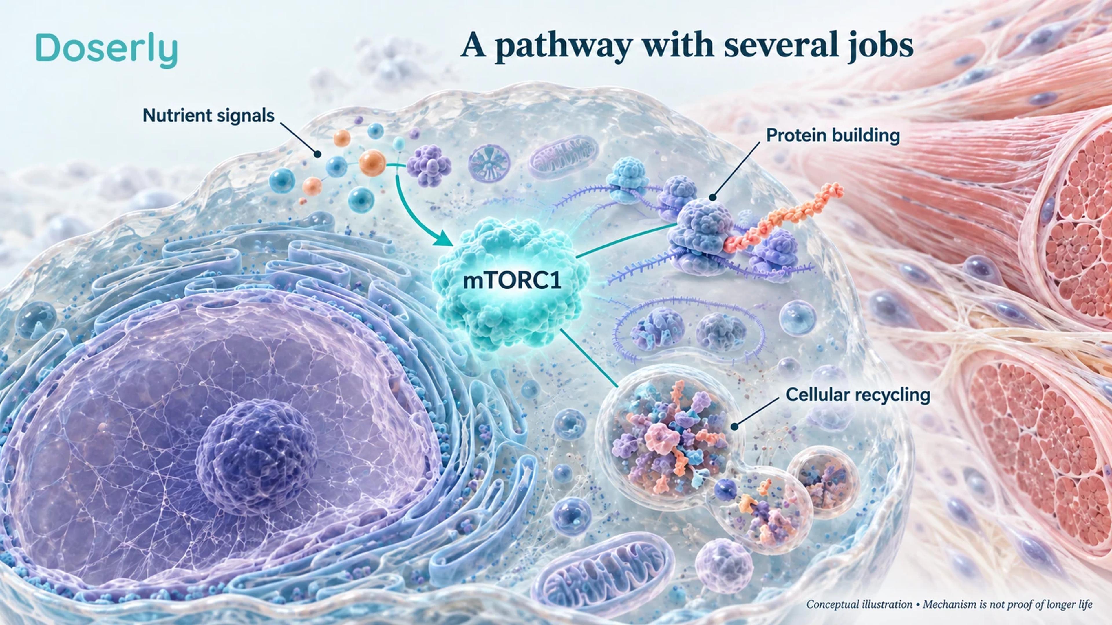 Detailed conceptual cell with nutrient sensing, protein building and cellular recycling, beside skeletal muscle fibres.