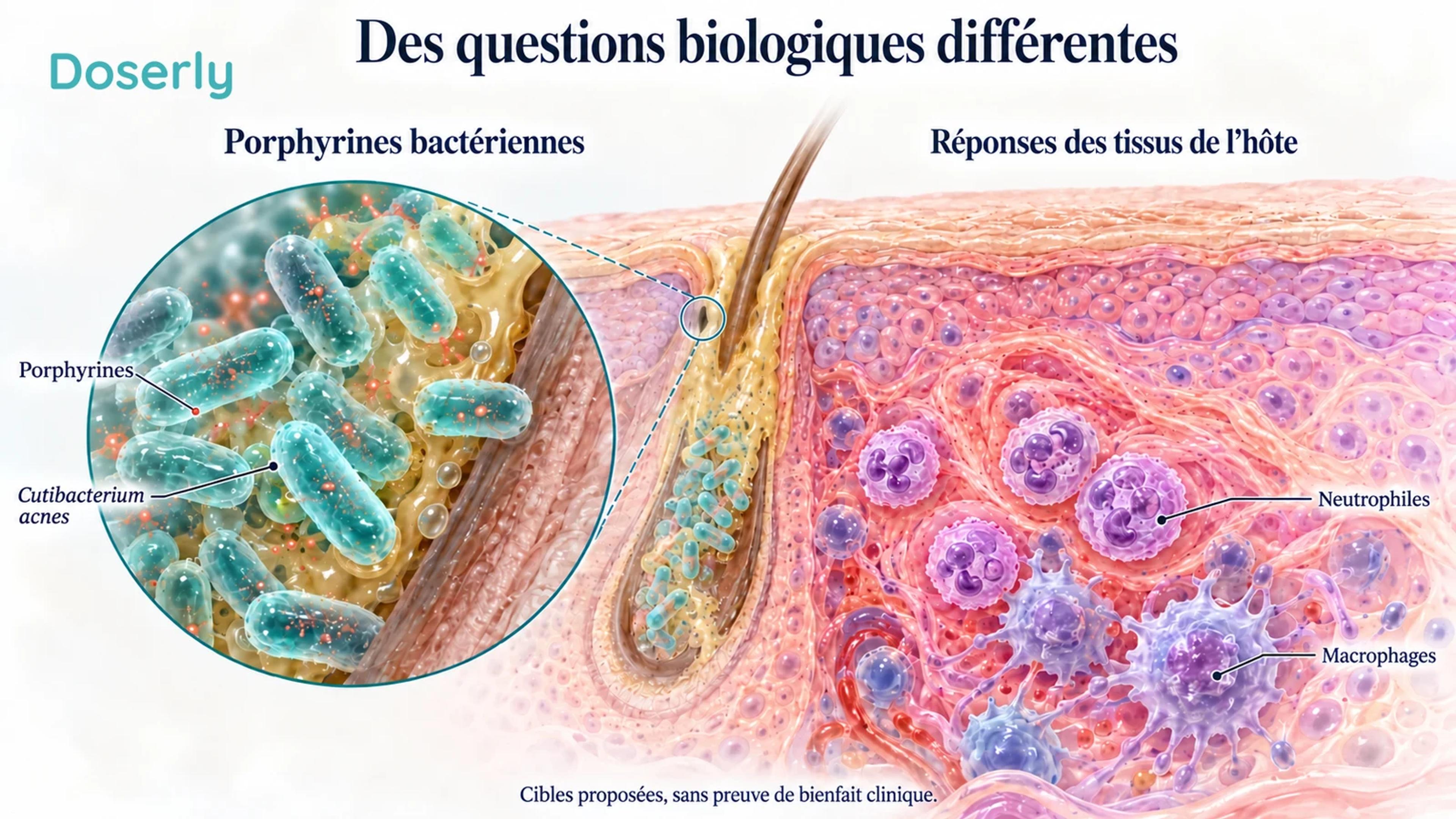 Des bactéries folliculaires agrandies et les cellules immunitaires cutanées environnantes illustrent des cibles biologiques différentes à l’étude.