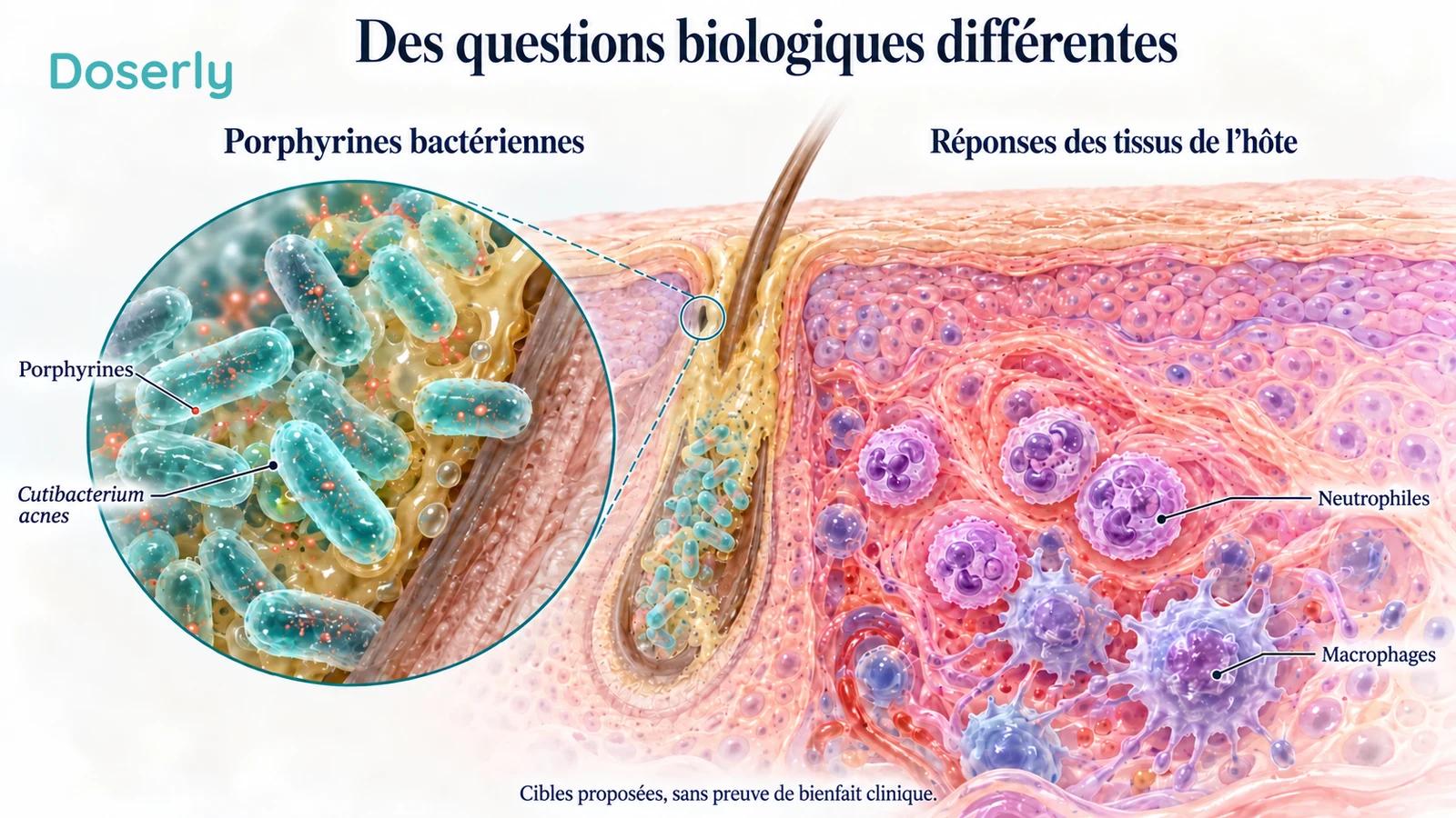 Des bactéries folliculaires agrandies et les cellules immunitaires cutanées environnantes illustrent des cibles biologiques différentes à l’étude.