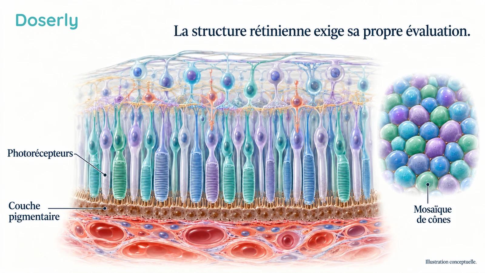 Une coupe agrandie de la rétine montre les photorécepteurs, dont les segments externes font face à l’épithélium pigmentaire et au tissu vasculaire sous-jacent.