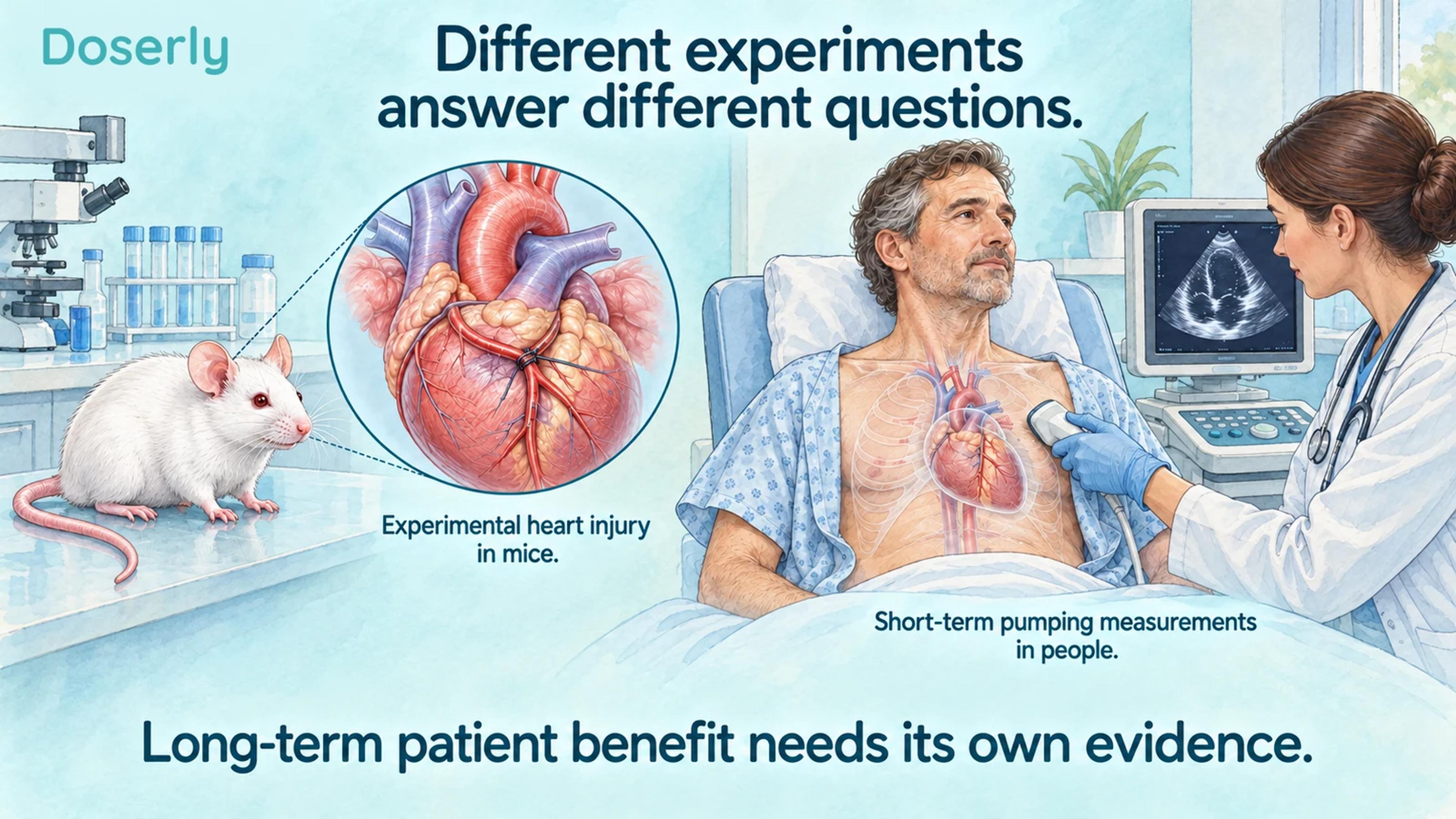 Illustrated mouse heart-injury research beside a human cardiology assessment, with the two settings clearly separated