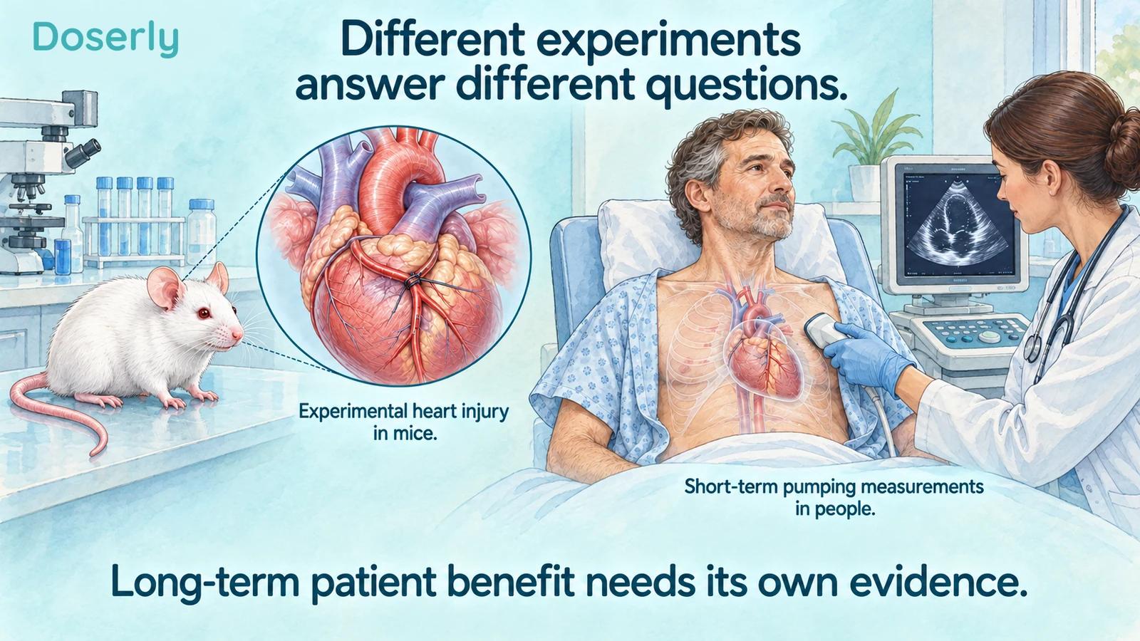 Illustrated mouse heart-injury research beside a human cardiology assessment, with the two settings clearly separated
