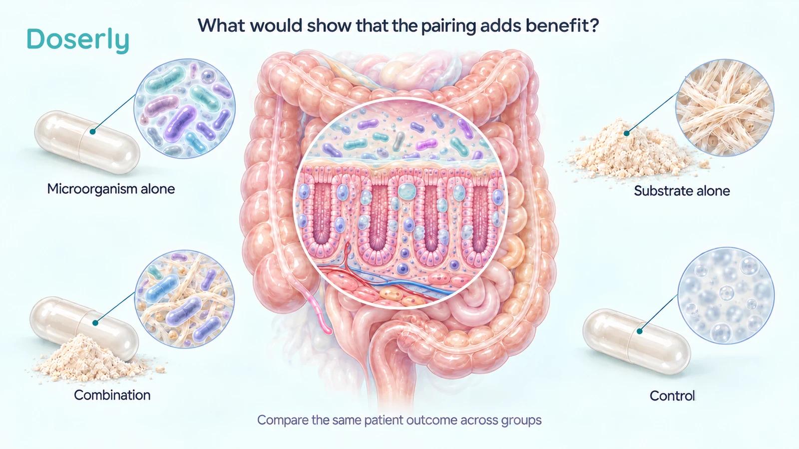 Four equally presented experimental options around a detailed colon and colonic-crypt inset: microorganism alone, substrate alone, combination and control.