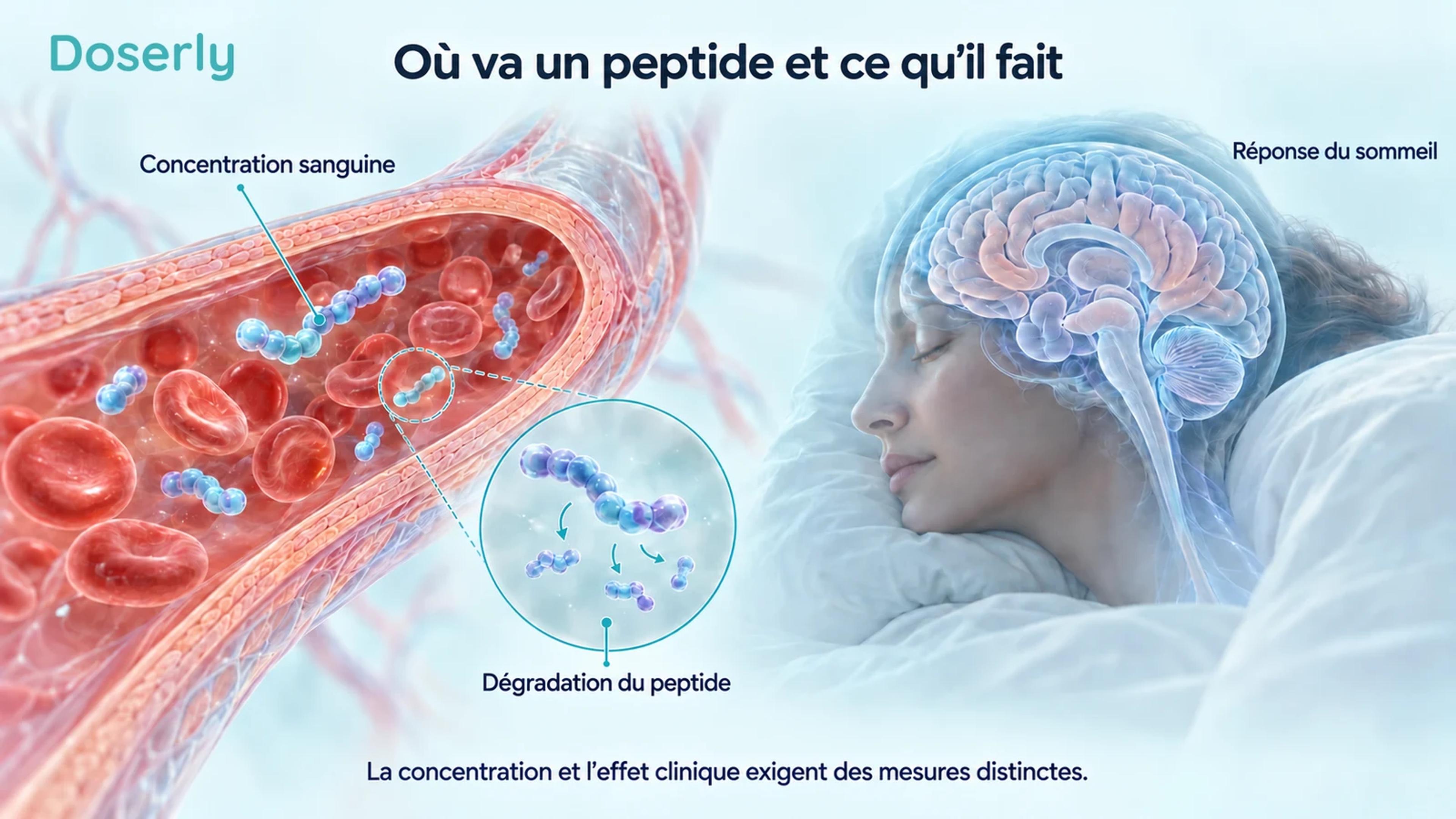 Illustration d’un vaisseau sanguin avec des fragments symboliques de peptide, à côté d’une personne endormie et d’un cerveau représentés séparément.