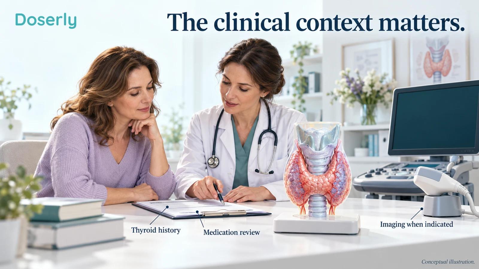 A clinician reviews a blank record with a patient beside an ultrasound probe and thyroid model.
