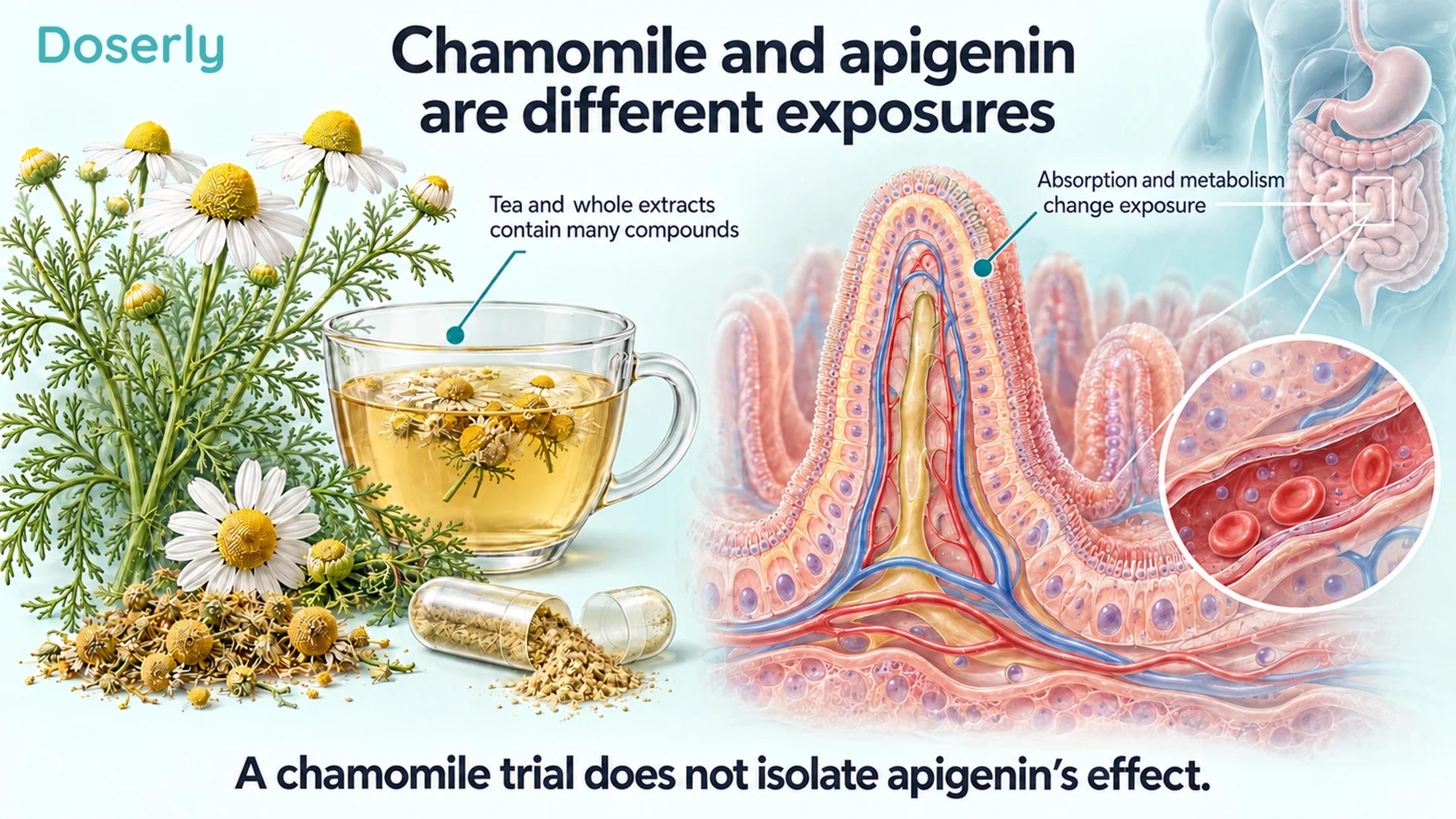 Chamomile flowers, tea and an extract capsule beside a detailed intestinal-villus illustration.
