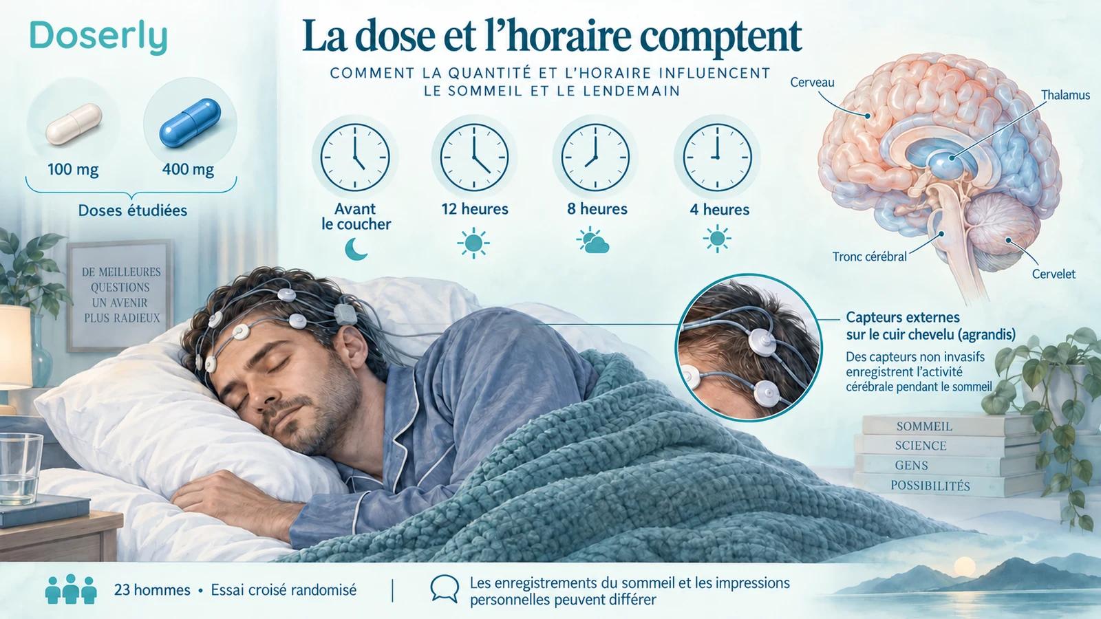 Une personne endormie portant des capteurs sur le cuir chevelu est illustrée à côté de deux capsules de caféine portant les mentions 100 mg et 400 mg, soulignant que la dose et l’horaire sont des variables distinctes.