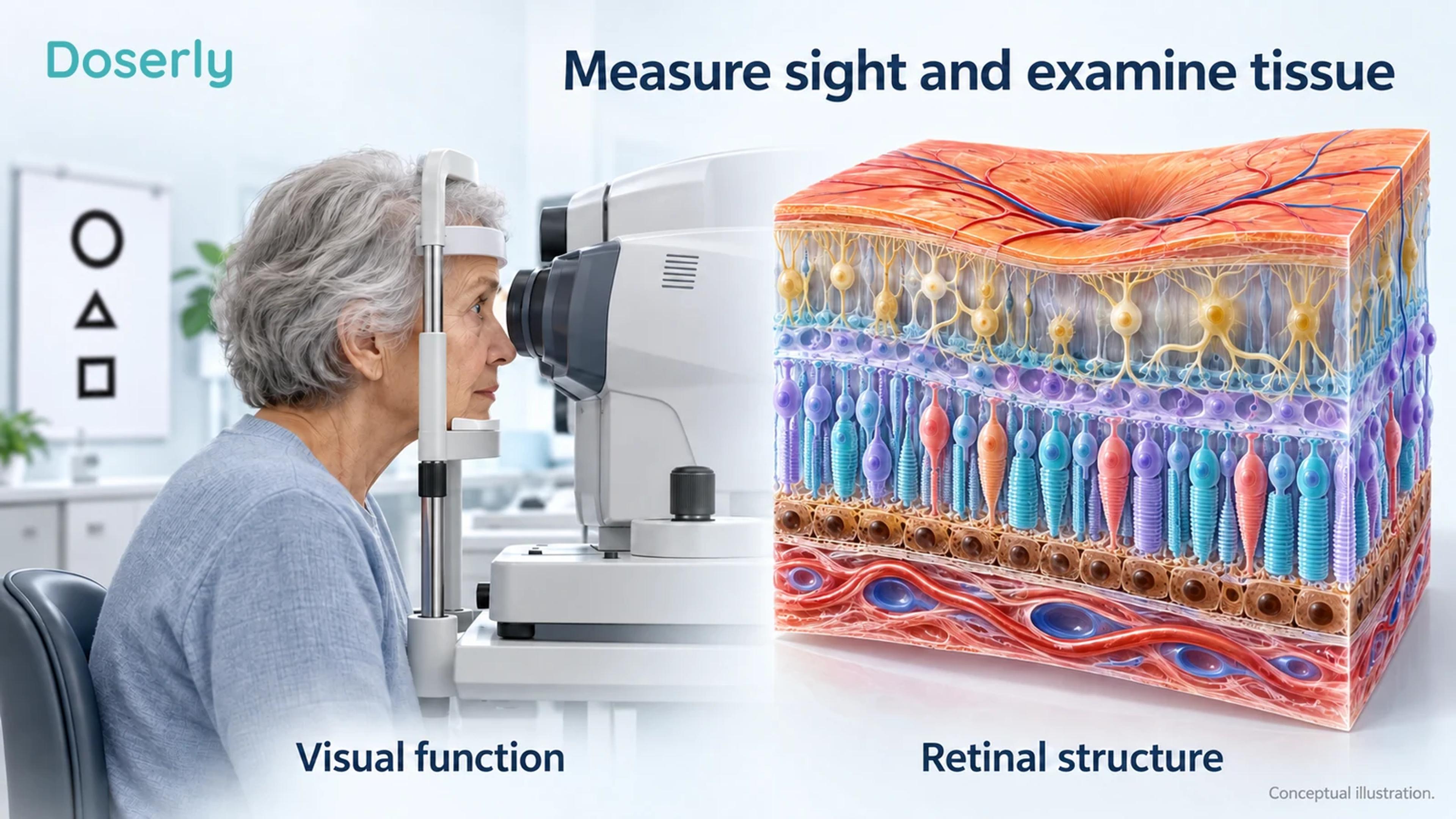 An eye examination scene combines a retinal anatomy model, a plain vision-testing display and an imaging instrument.